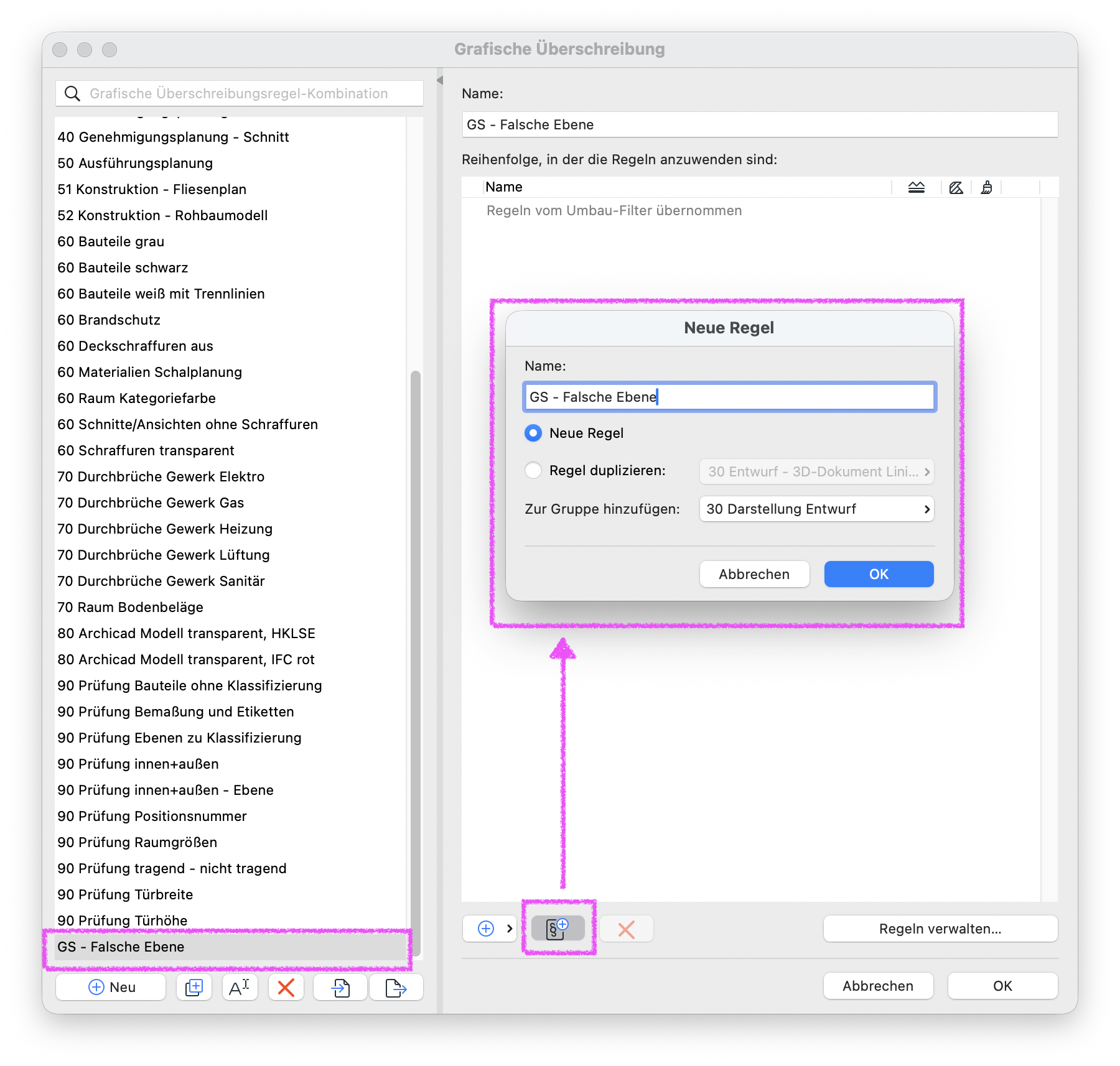 Dialog Grafische Überschreibung mit links der Liste der Überschreibungsregel‑Kombinationen, am unteren Ende ist die Kombination GS – Falsche Ebene markiert, rechts wurde für diese Kombination im unteren Bereich die Schaltfläche Neue Regel gedrückt, darüber liegt nun der Dialog Neue Regel, in dem im Feld Name die Bezeichnung GS – Falsche Ebene eingetragen ist, die Option Neue Regel aktiviert wurde, eine Gruppe über das Dropdown Zur Gruppe hinzufügen ausgewählt werden kann und unten die Schaltflächen Abbrechen und OK sichtbar sind.