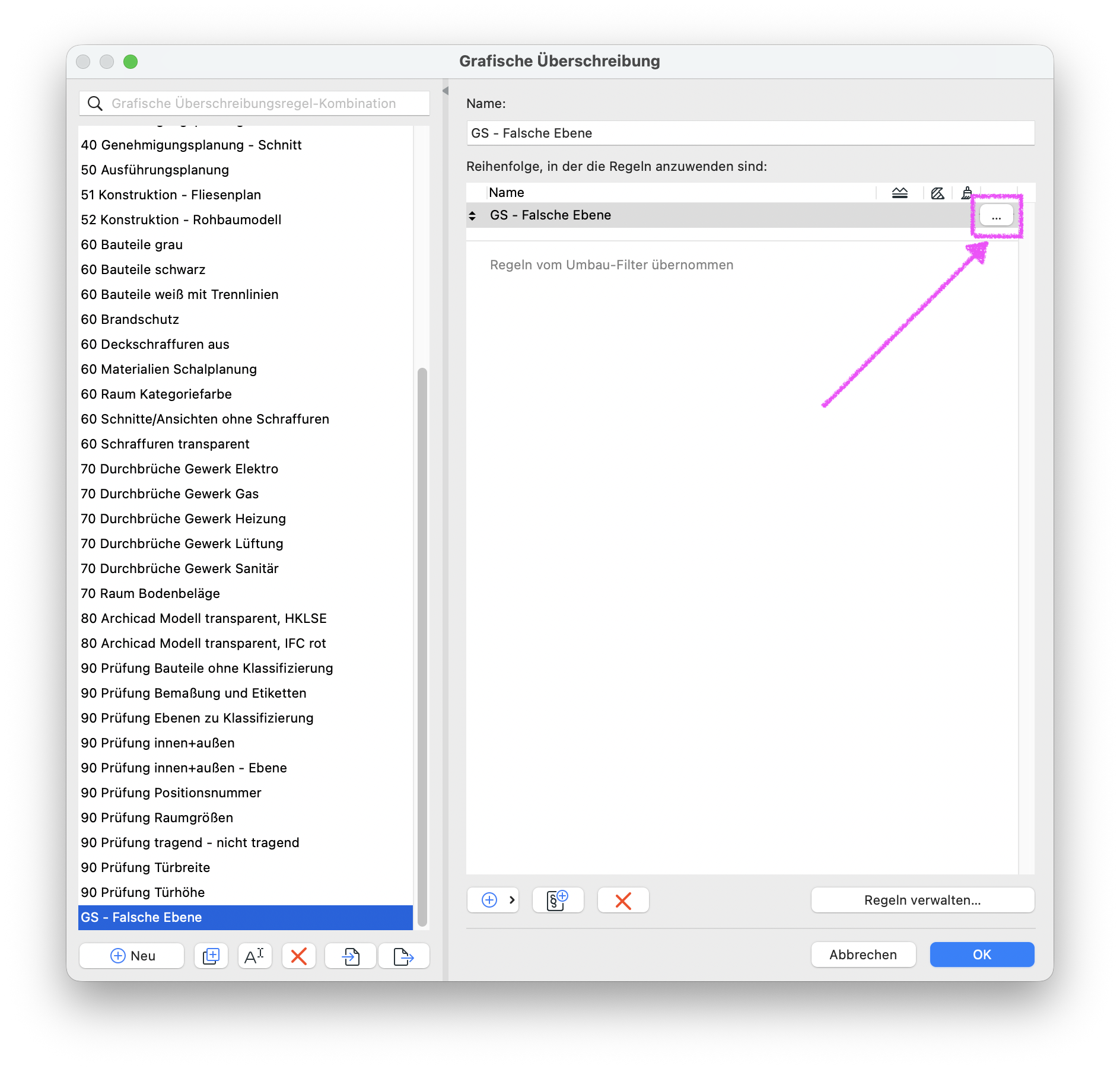 Dialog Grafische Überschreibung mit links der Liste der Überschreibungsregel‑Kombinationen, unten ist die Kombination GS – Falsche Ebene ausgewählt, rechts erscheint im Bereich Reihenfolge, in der die Regeln anzuwenden sind die Regel GS – Falsche Ebene, am rechten Rand dieser Zeile ist die mit einem Pfeil markierte Schaltfläche mit drei Punkten (…) zu sehen, mit der die Einstellungen der Regel geöffnet werden können.