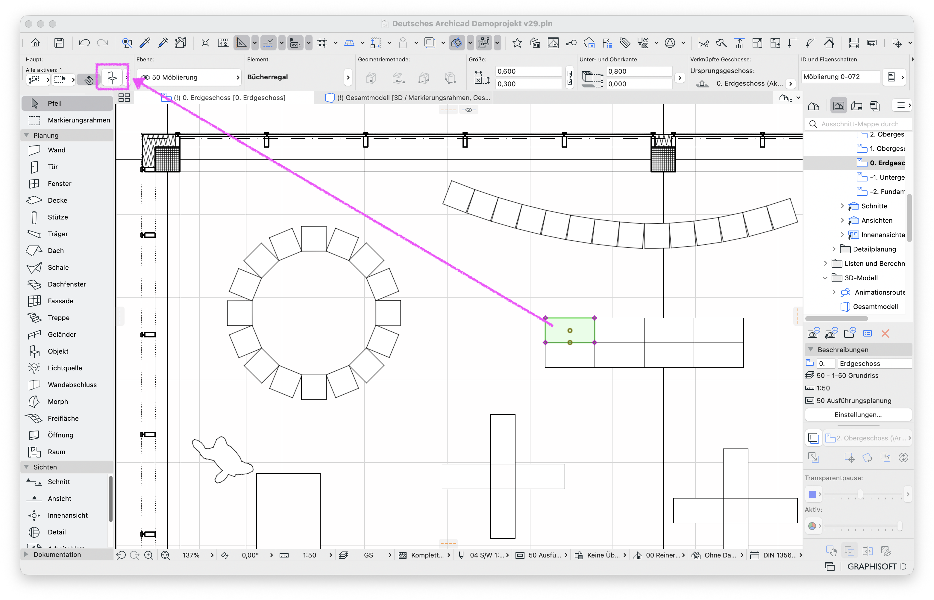 Grundriss im Archicad‑Fenster mit markiertem Möbel‑Objekt auf Ebene ‚50 Möblierung‘ und hervorgehobener Ebenenwahl in Infoleiste.