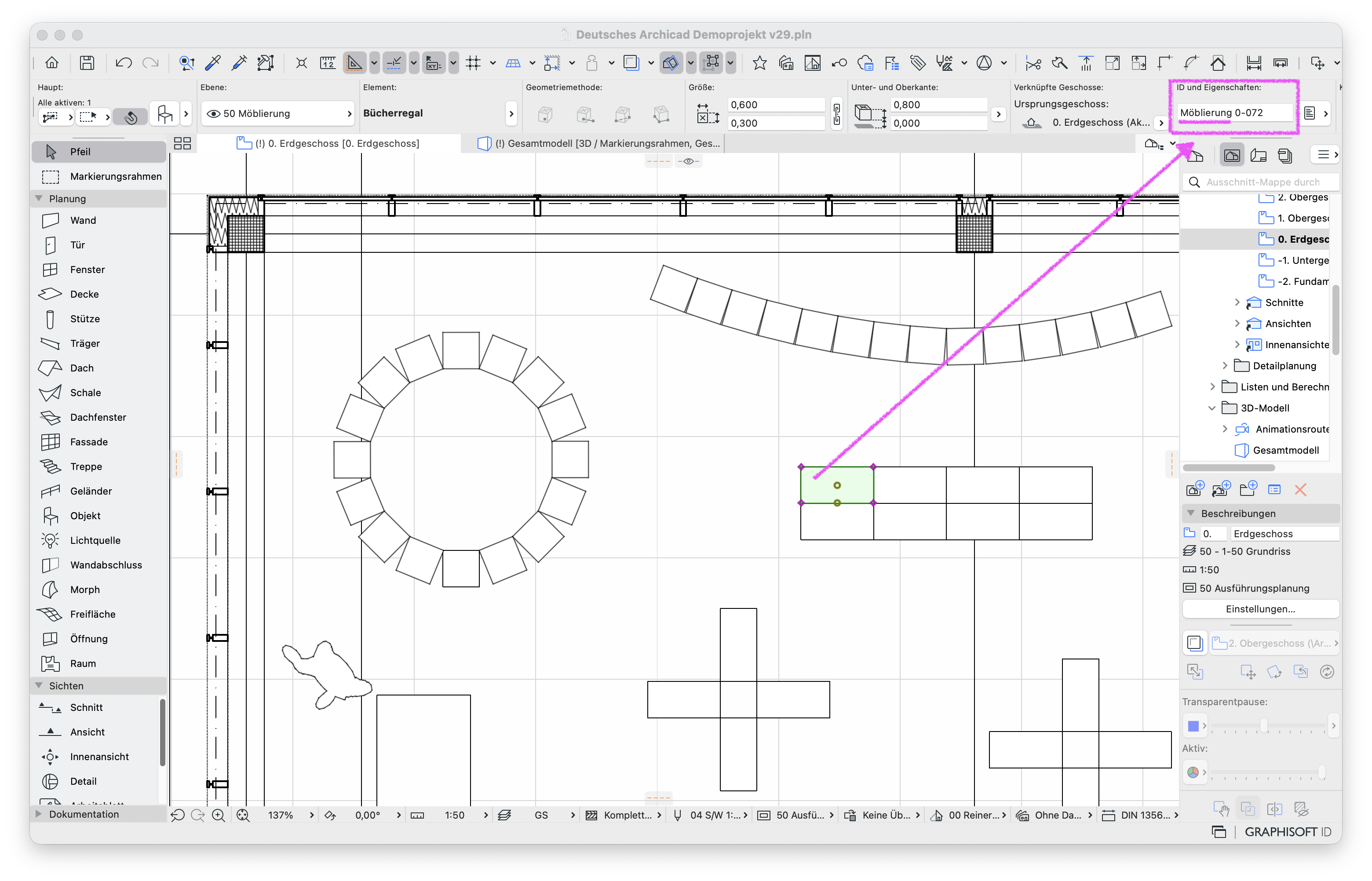 Grundriss im Archicad‑Fenster mit markiertem Möbel‑Objekt und hervorgehobener Element ID ‚Möblierung 0‑072‘ unter ID und Eigenschaften.