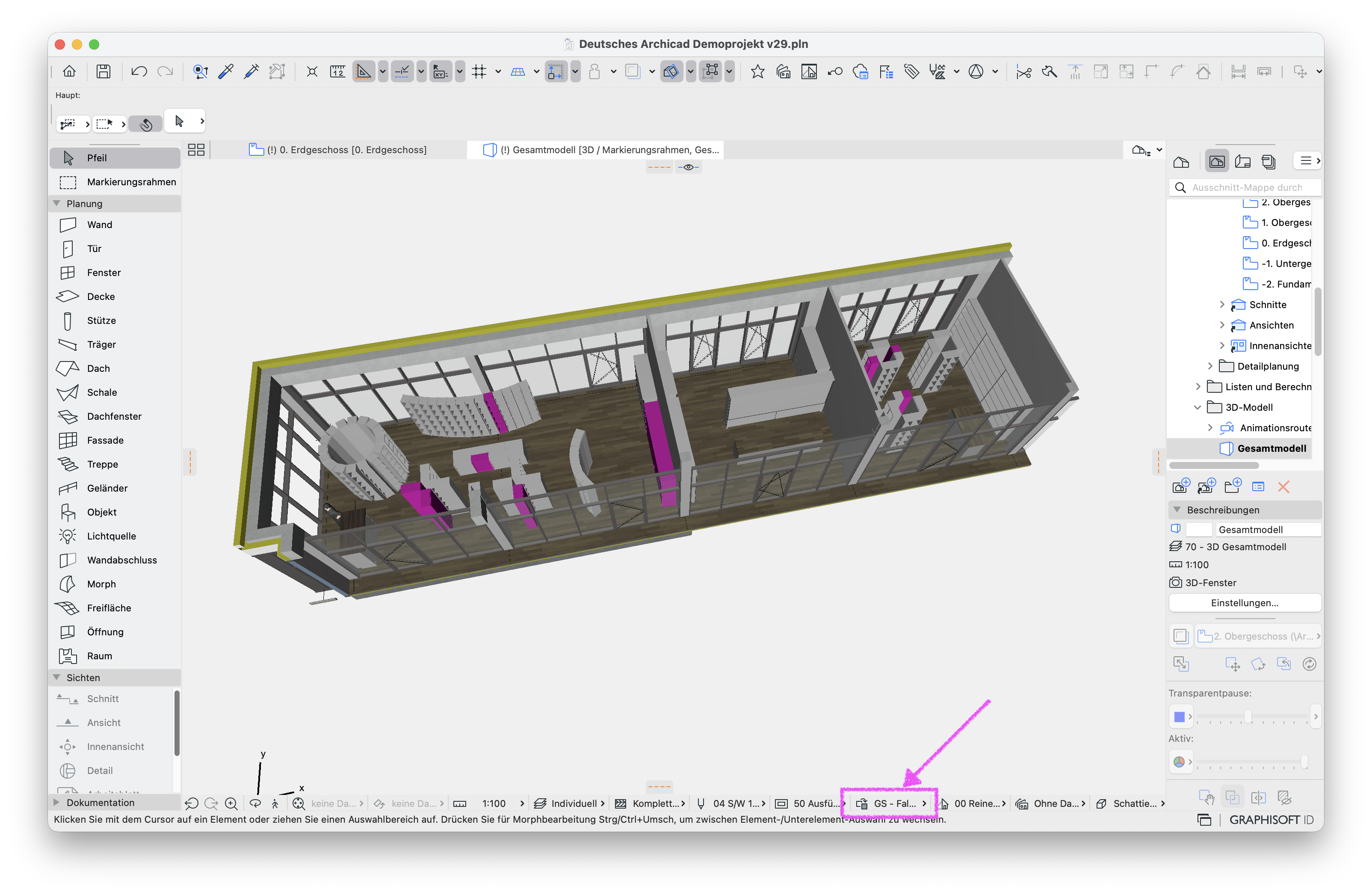 3D‑Modell des deutschen Archicad Demoprojekt mit aktivierter grafischer Überschreibung ‚GS – Falsche Ebene‘, die betroffene Möbel‑Objekte in Magenta hervorhebt.