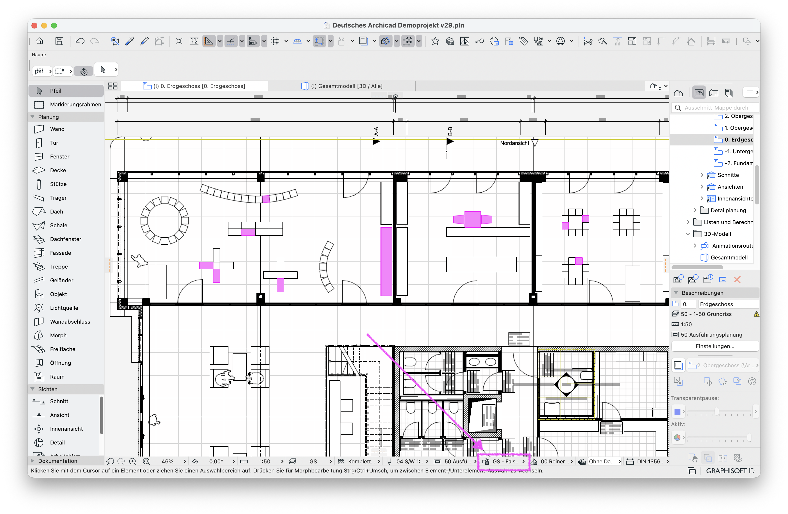 Grundriss im Archicad‑Fenster mit aktivierter grafischer Überschreibung ‚GS – Falsche Ebene‘, die betroffene Möbel‑Objekte in Magenta hervorhebt.