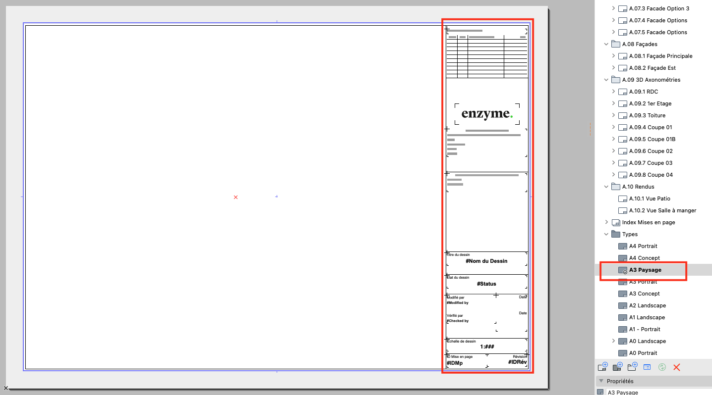 Fenêtre Archicad montrant une mise en page avec plan de rez-de-chaussée à gauche et, à droite, le panneau « Options Mise en page » où le nom de mise en page « Rez-de-Chaussée » et le champ « Mise en page type : A3 Paysage » sont mis en évidence.