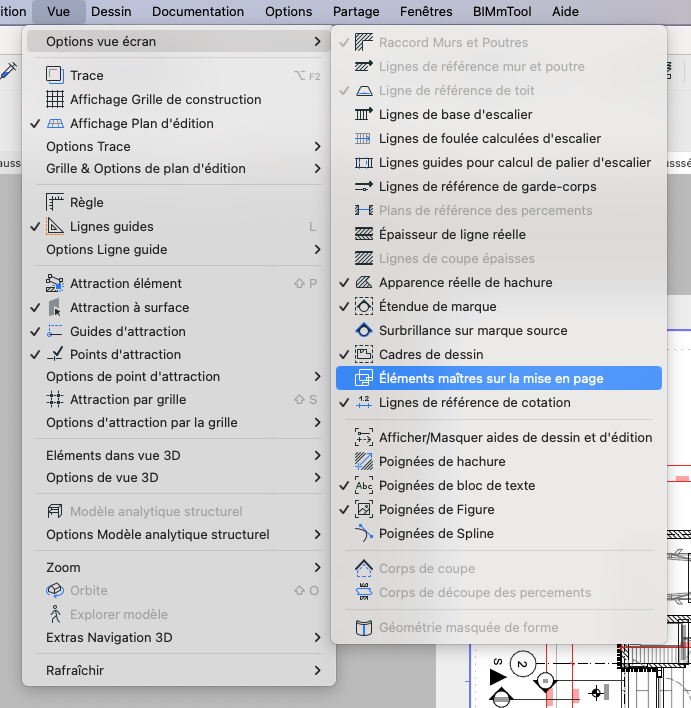 Capture du menu Archicad ouvert sous « Vue > Options vue écran », montrant la liste des options d’affichage et le sous-menu où l’option « Éléments maîtres sur la mise en page » est sélectionnée en surbrillance bleue.
