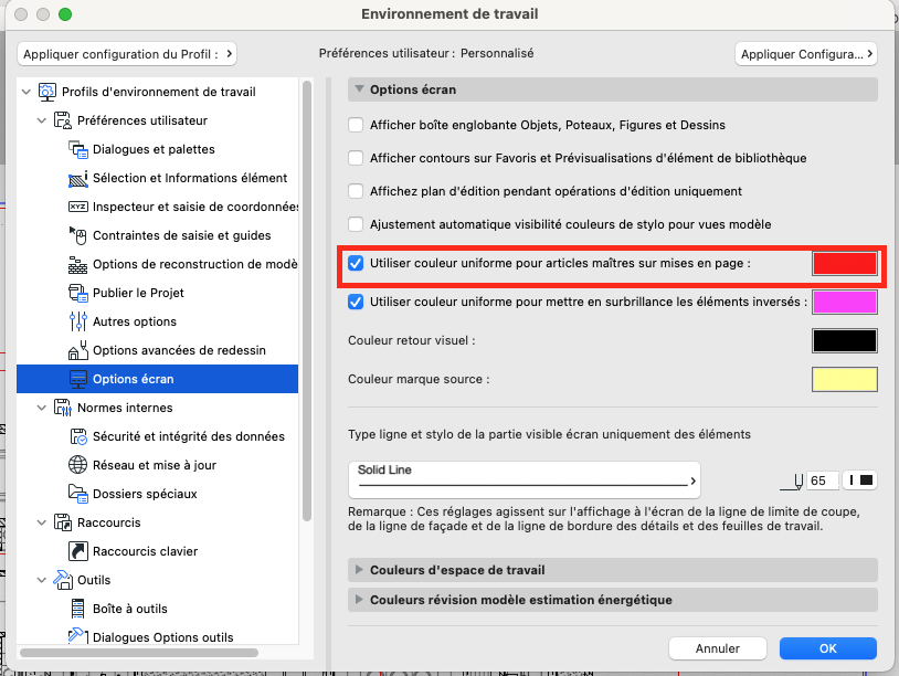 Boîte de dialogue Archicad « Environnement de travail » ouverte sur « Options écran », montrant l’option cochée « Utiliser couleur uniforme pour articles maîtres sur mises en page » et le carré de couleur surligné pour définir la couleur d’affichage des éléments maîtres.