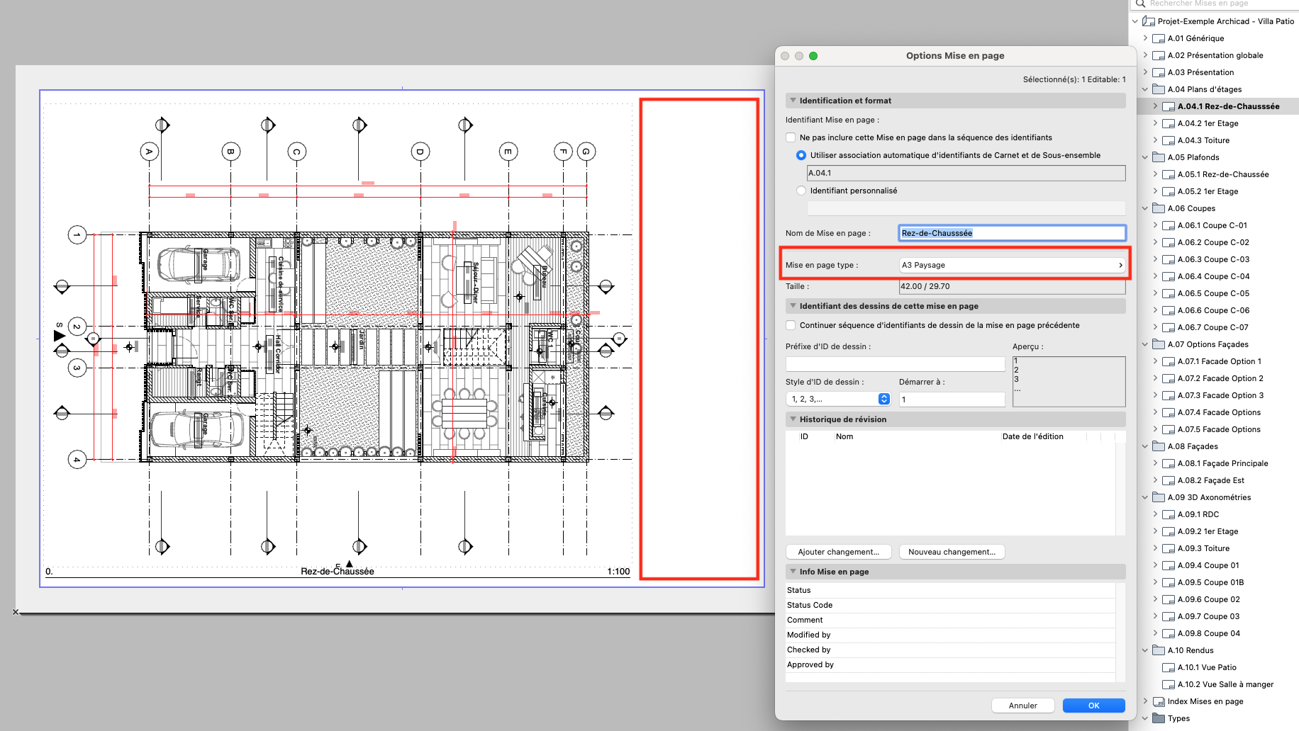 Fenêtre Archicad montrant une mise en page avec plan de rez-de-chaussée à gauche et, à droite, le panneau « Options Mise en page » où le nom de mise en page « Rez-de-Chaussée » et le champ « Mise en page type : A3 Paysage » sont mis en évidence.