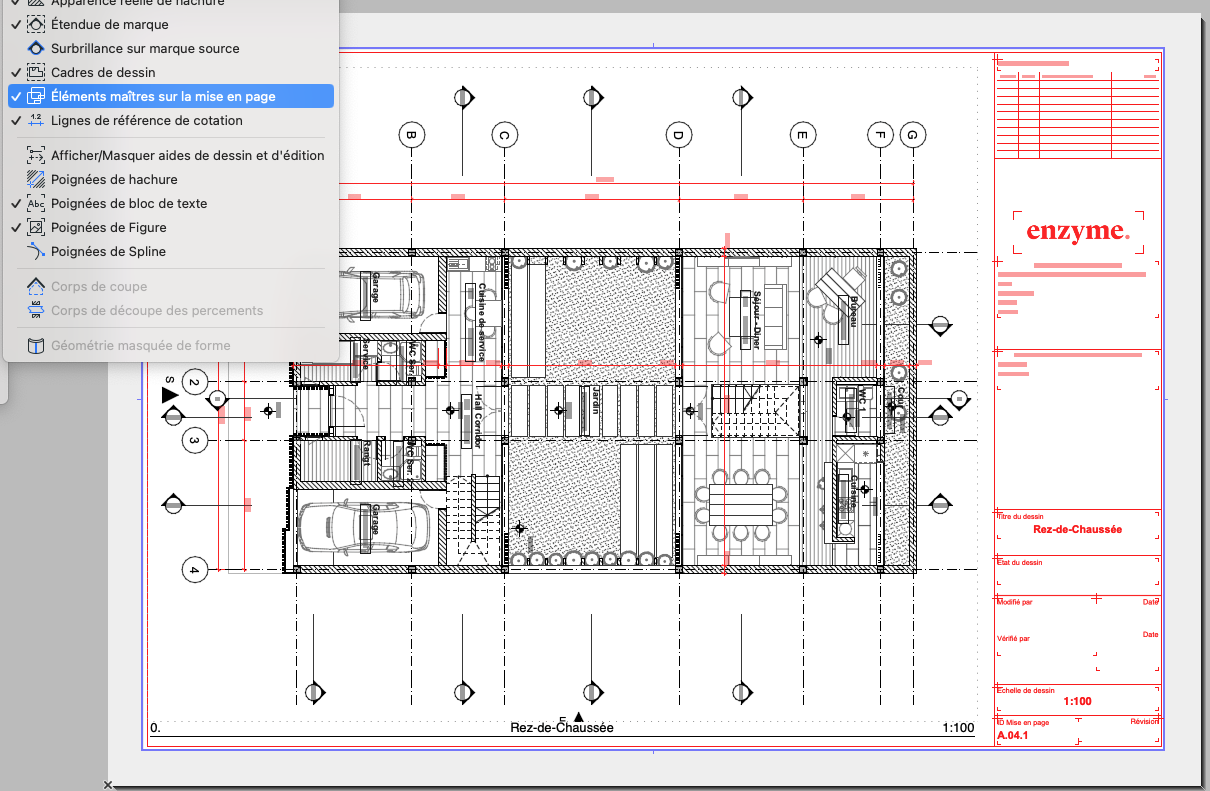 Mise en page Archicad affichant un plan de rez-de-chaussée avec cartouche à droite, tandis que le menu contextuel montre l’option cochée « Éléments maîtres sur la mise en page », confirmant l’affichage du cartouche maître.