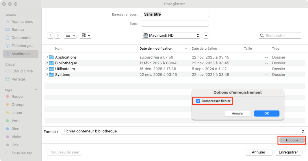 Fenêtre macOS « Enregistrer » pour un fichier conteneur bibliothèque, avec disque « Macintosh HD » sélectionné, bouton « Options » encadré et boîte de dialogue « Options d’enregistrement » montrant l’option cochée « Compresser fichier ».