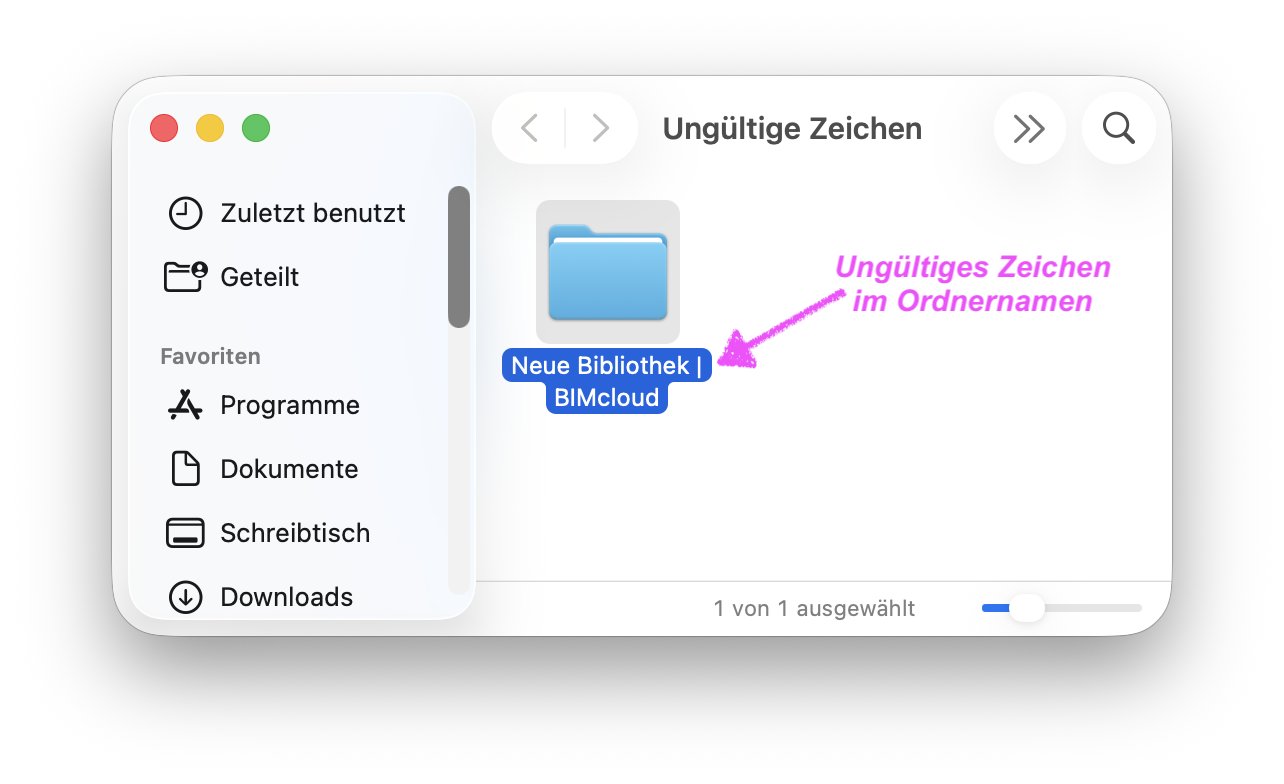 Der Ordner Name 'Neue Bibliothek | BIMcloud' enthält das ungültige Zeichen | und muss aus der Benennung entfernt werden.
