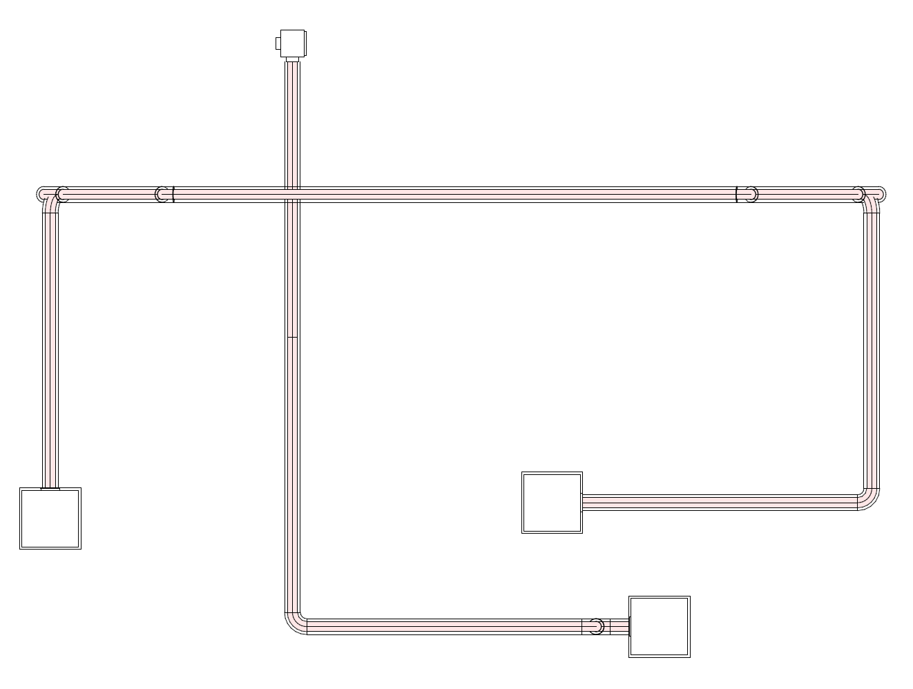 Alt-text: Vue en plan d’un réseau de tuyauterie MEP composé de conduites parallèles avec plusieurs coudes et quatre terminaux rectangulaires, montrant le tracé complet du circuit sur fond blanc sans annotations.