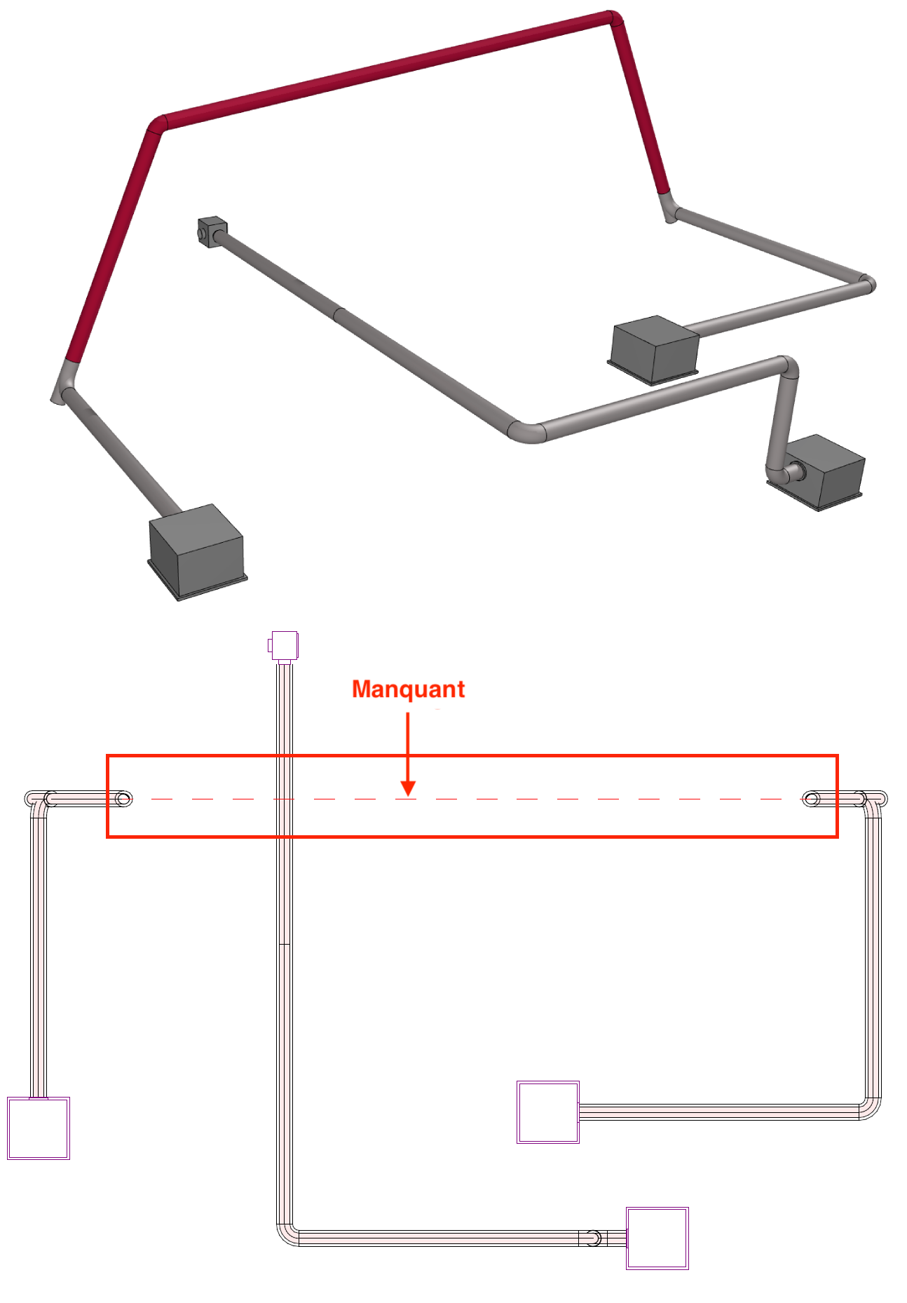 Illustration montrant en haut un réseau 3D de conduites MEP avec une portion de tuyau mise en évidence en rouge, et en bas sa vue en plan où le segment de ligne cachée correspondant est manquant, signalé par un encadré et une flèche « Manquant ».