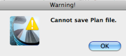 Fenêtre d’alerte Archicad avec un triangle jaune de mise en garde indiquant le message « Cannot save Plan file. » et un seul bouton « OK » pour fermer l’avertissement