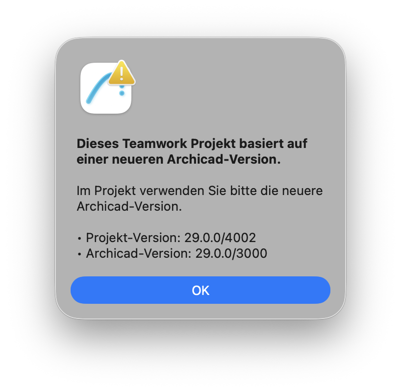 Dieses Teamwork Projekt basiert auf einer neueren Archicad-Version. Im Projekt verwenden Sie bitte die neuere Archicad-Version. Projekt-Version: 29.0.0/4002. Archicad-Version: 29.0.0/3000