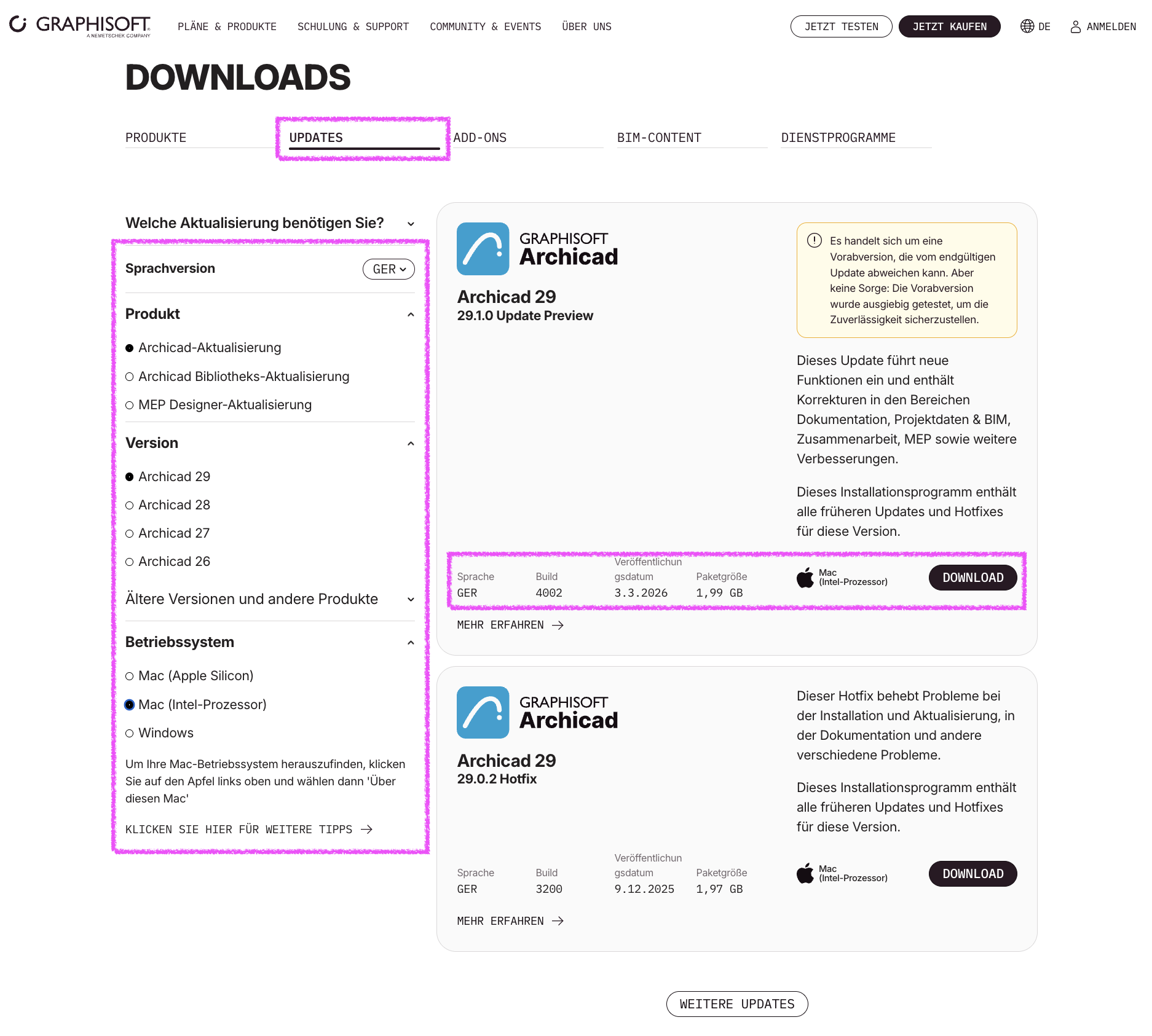 Archicad Downloads für Updates, welche die Updates für Archicad 29 GER anzeigt.