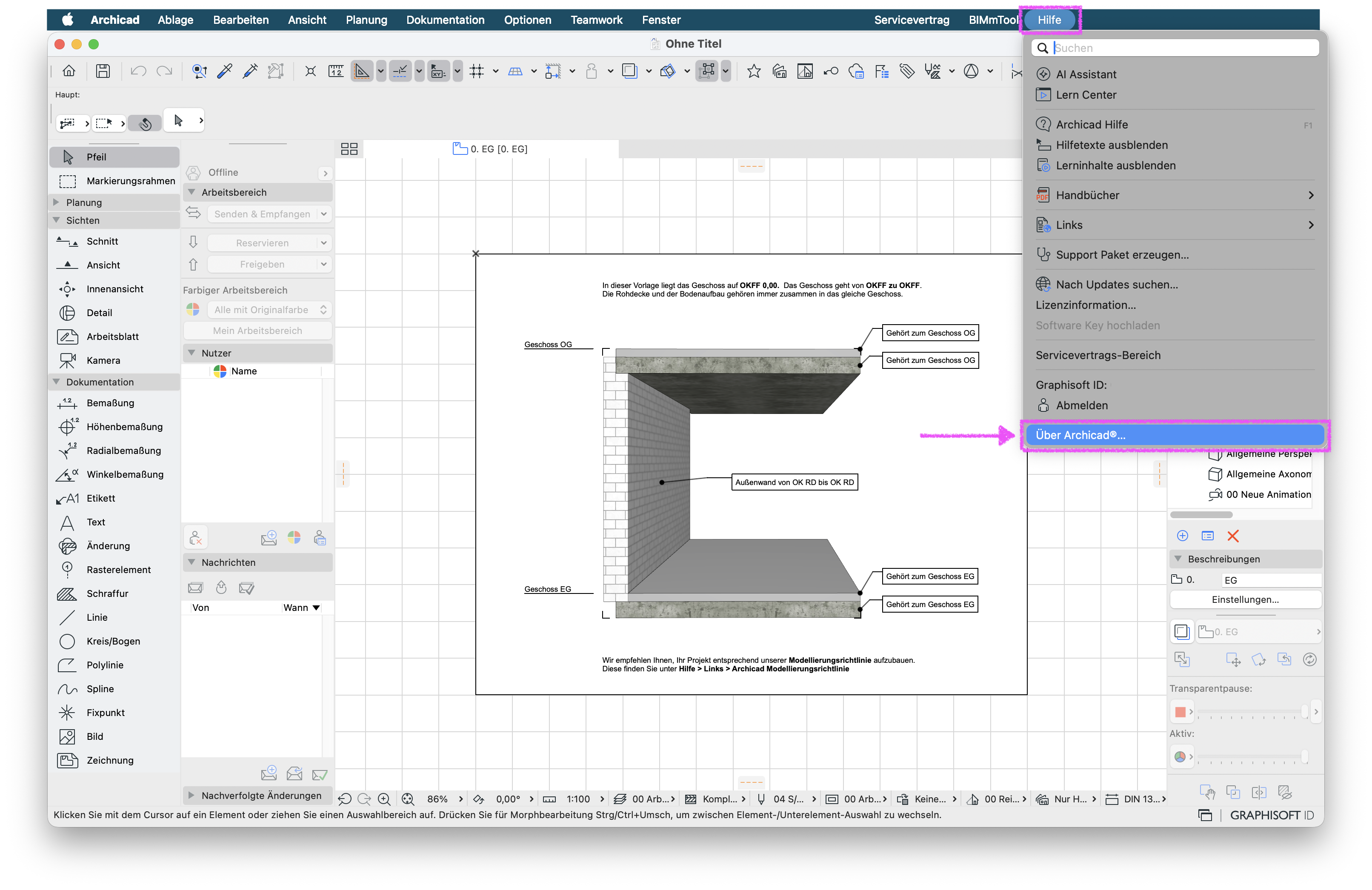 Archicad Programmfenster mit offenen Menü Hilfe, indem Über Archicad... ausgewählt wird.
