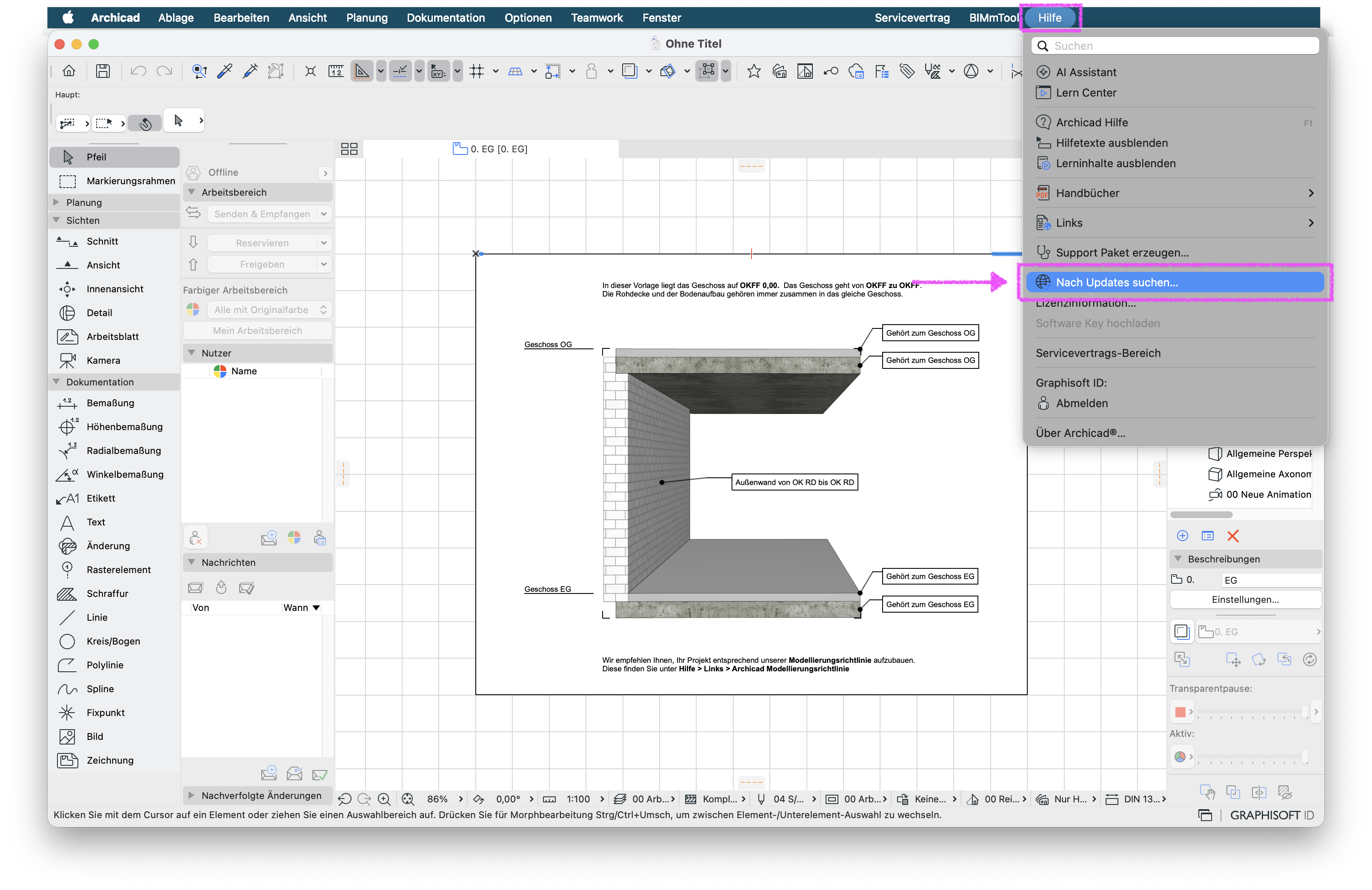 Archicad Programmfenster mit offenen Menüpunkt Hilfe und Auswahl der Option Nach Updates suchen...