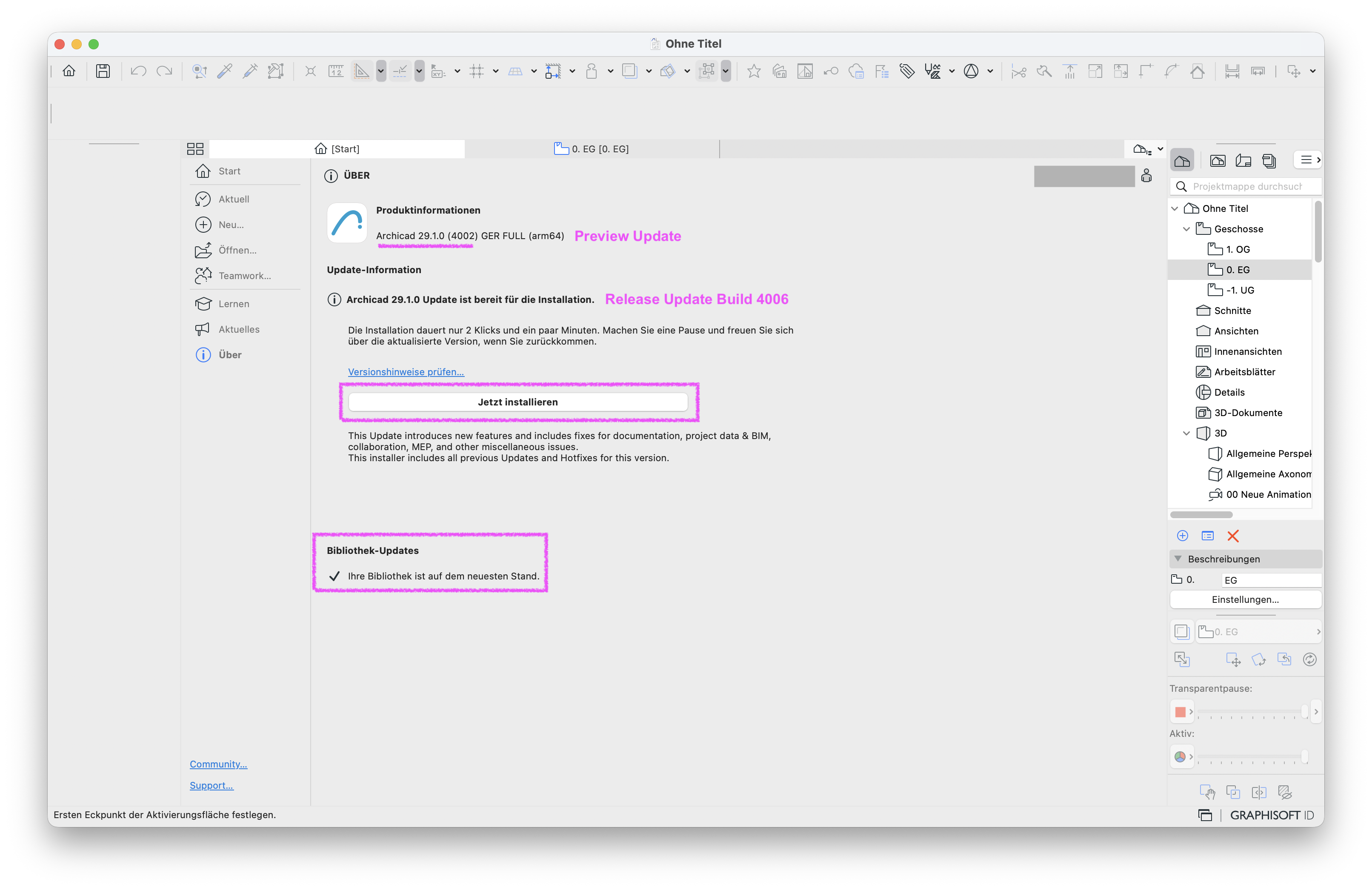 Offenen Programmfenster von Archicad, dass die Produktinformationen und verfügbare Updates des Programms anzeigt.