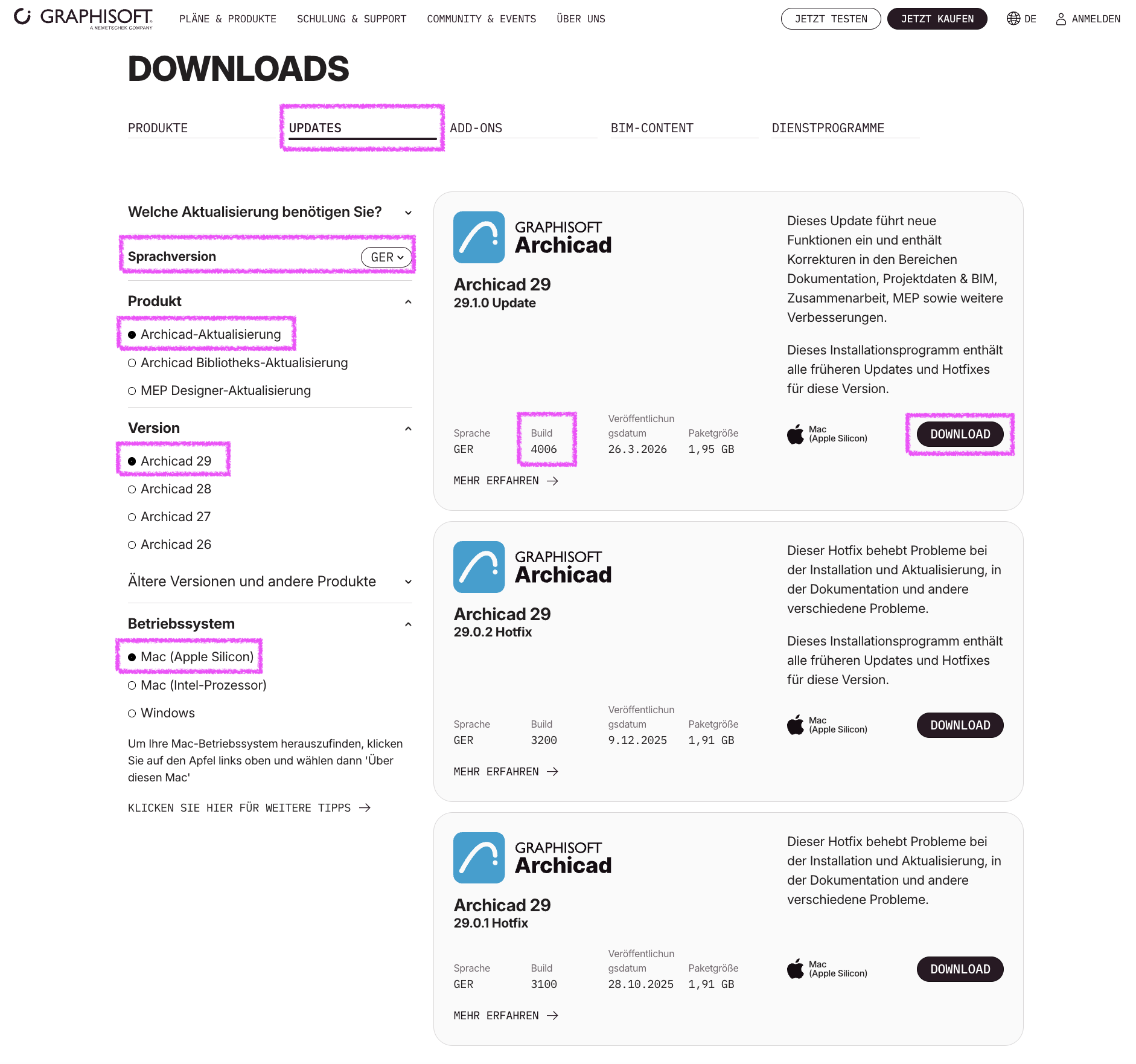 GRAPHISOFT Download Webseite mit ausgewählten Update.
