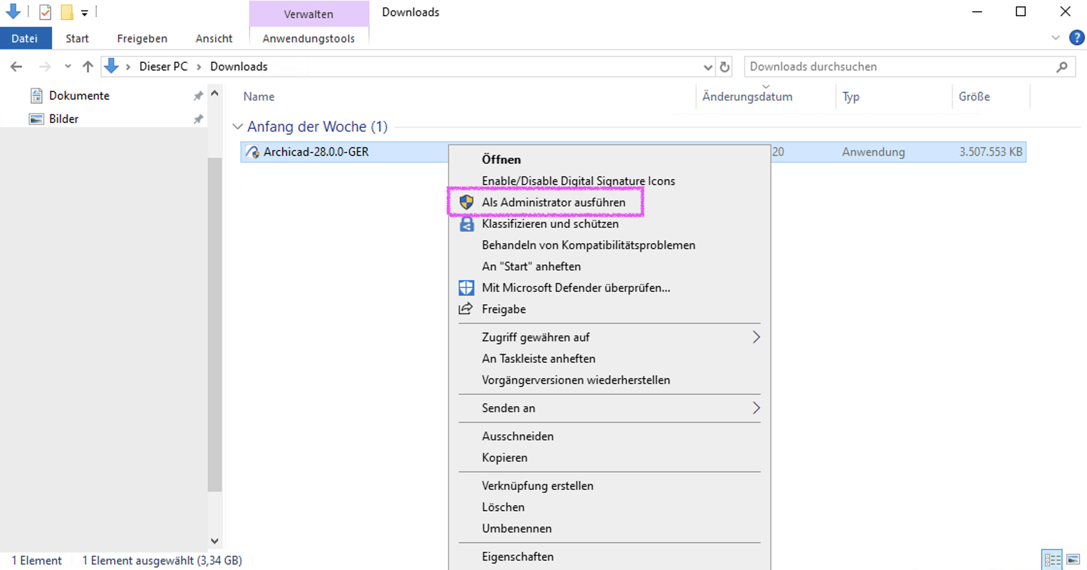 Installation der Installer.exe-Datei als Administrator.