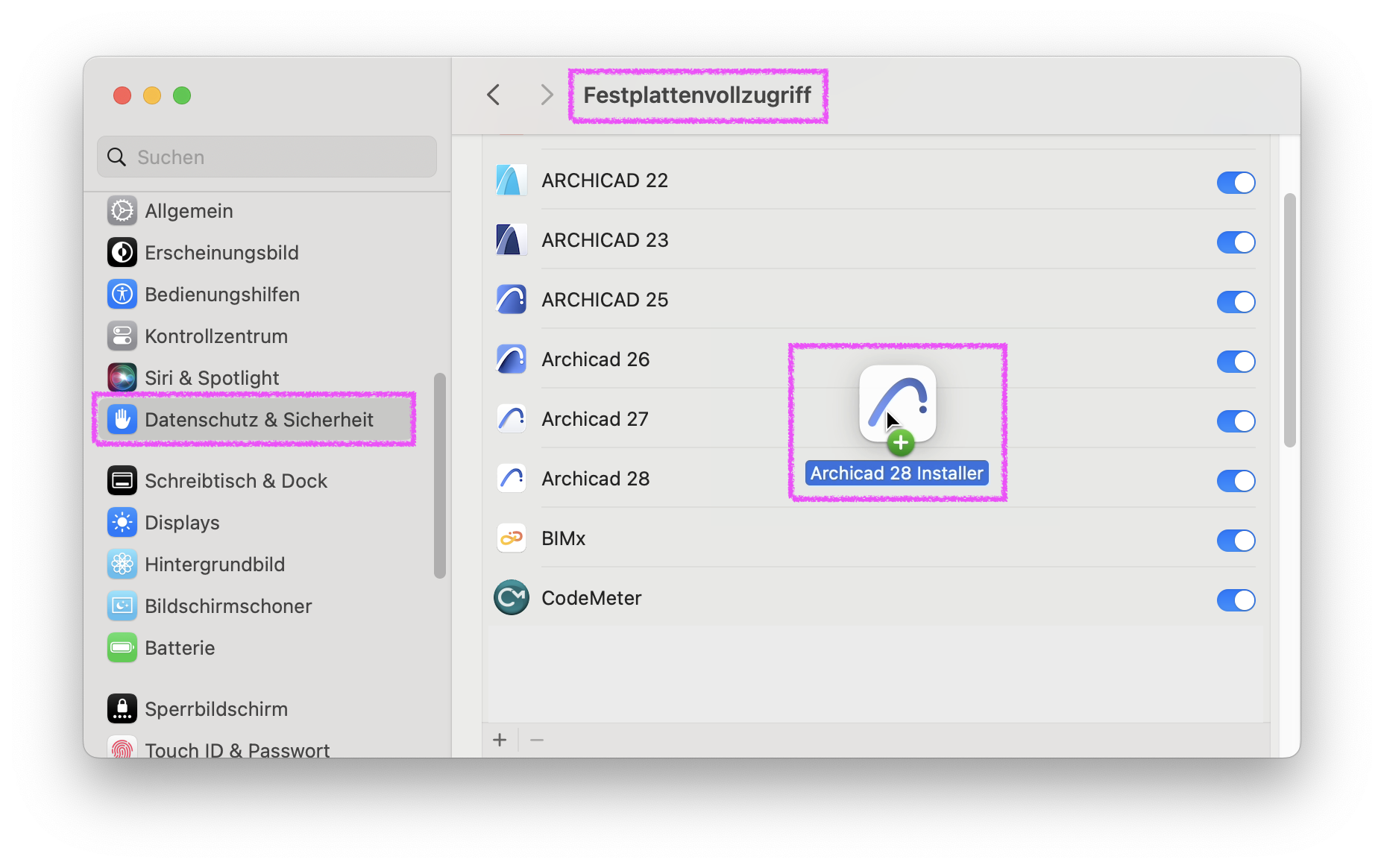 Installation der Installer.dmg-Datei mit Festplattenvollzugriff indem der Installer per Drag&Drop in den Festplattenvollzugriff hinzugefügt wird.