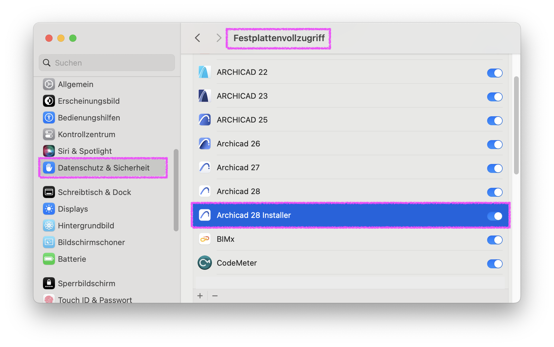 Installation der Installer.dmg-Datei mit Festplattenvollzugriff indem der Installer einen aktiven Regler erhält.