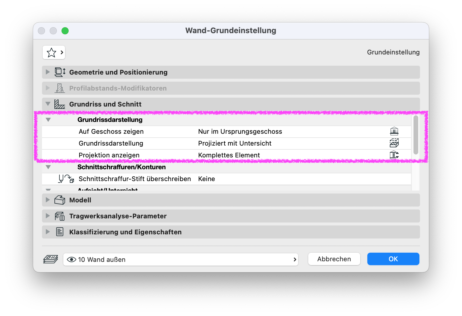 Archicad Wand-Grundeinstellung, Bereich Grundriss und Schnitt > Grundrissdarstellung, mit den Einstellungen Auf Geschoss zeigen: Nur im Ursprungsgeschoss, Grundrissdarstellung: Projiziert mit Untersicht und Projektion anzeigen: Komplettes Element.