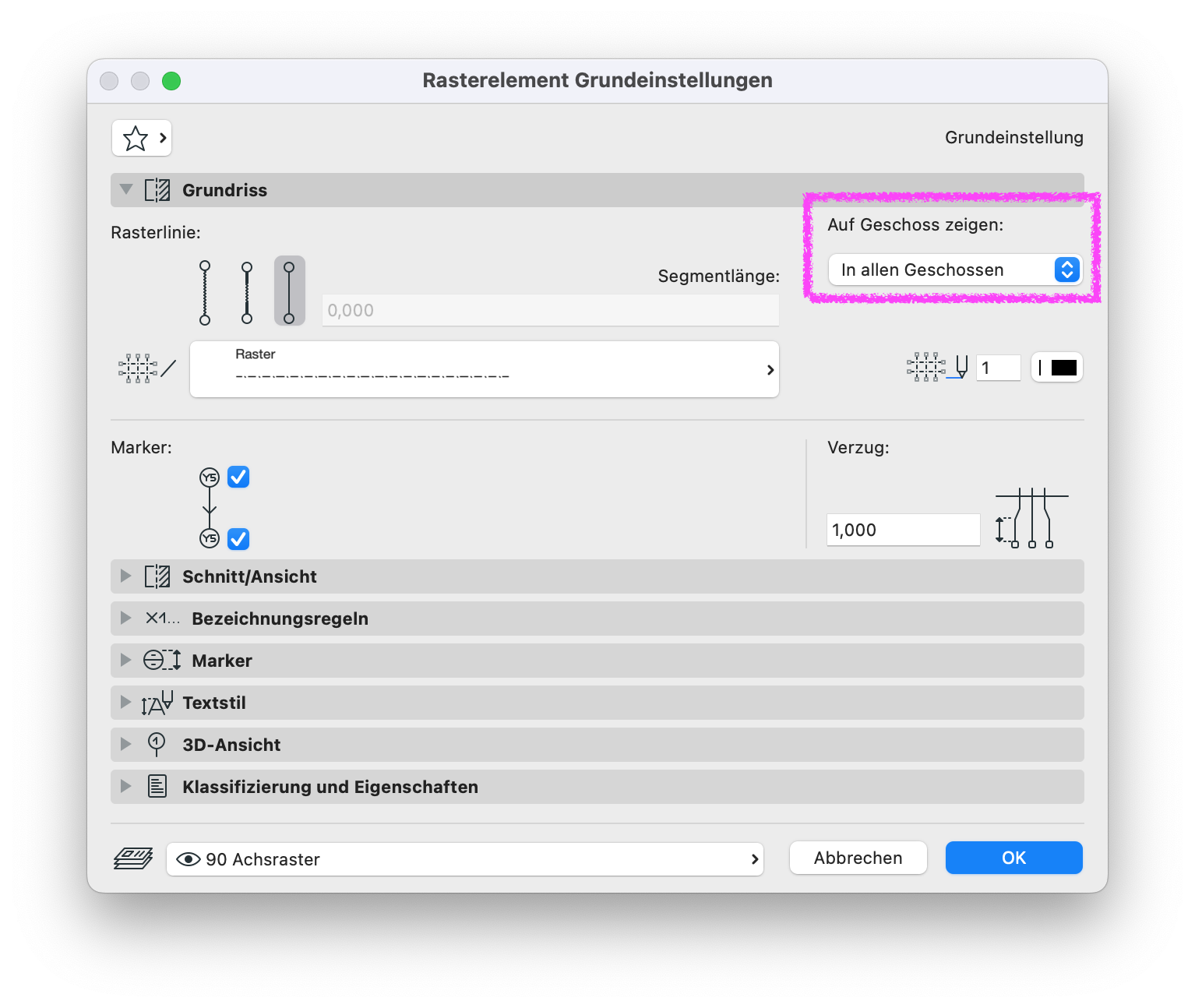  Archicad Rasterelement Grundeinstellungen, Bereich Grundriss, mit Einstellung Auf Geschoss zeigen: In allen Geschossen.
