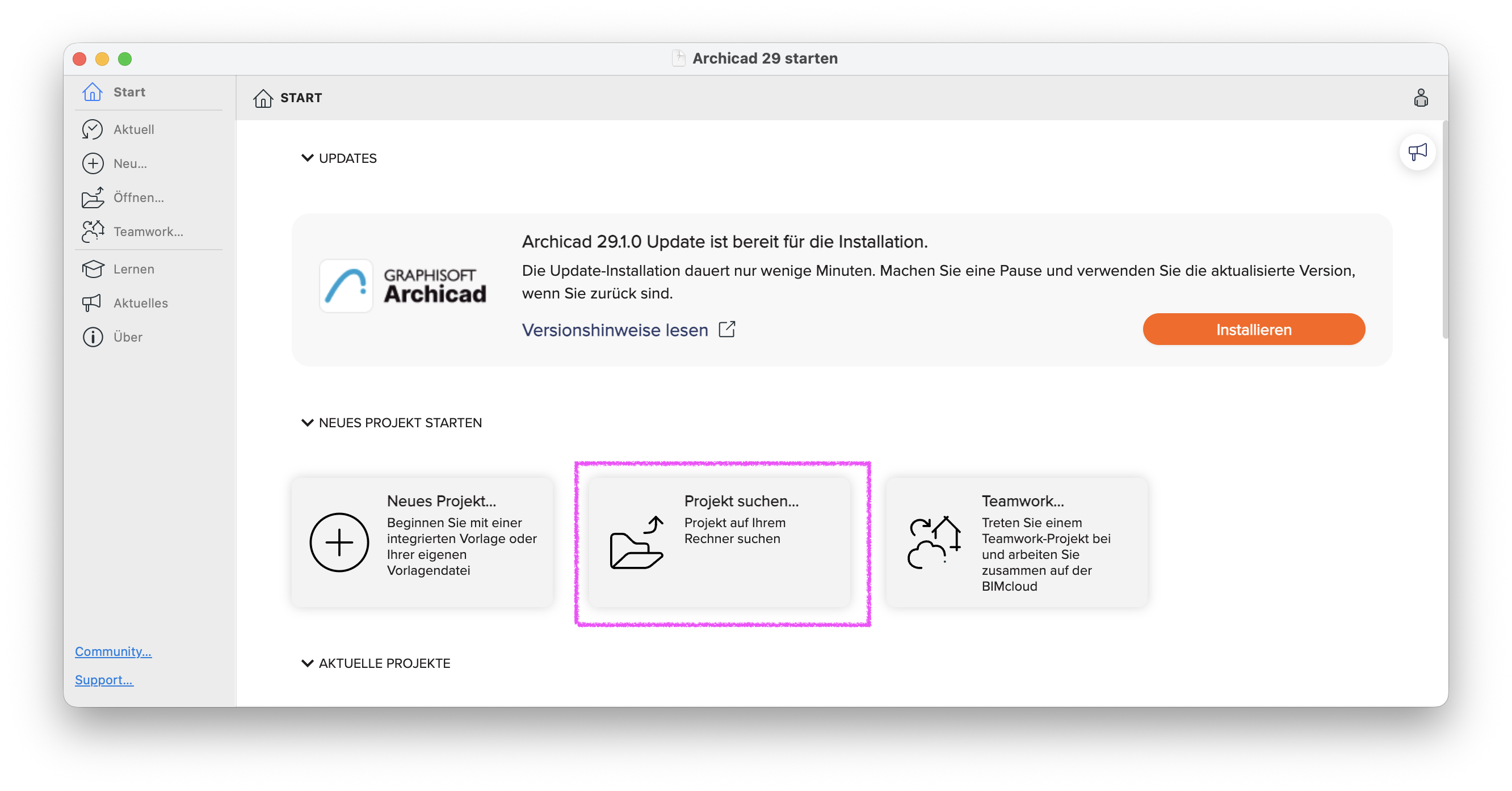 Archicad 29 Startseite mit hervorgehobener Option 'Projekt suchen...' im Programmfenster.