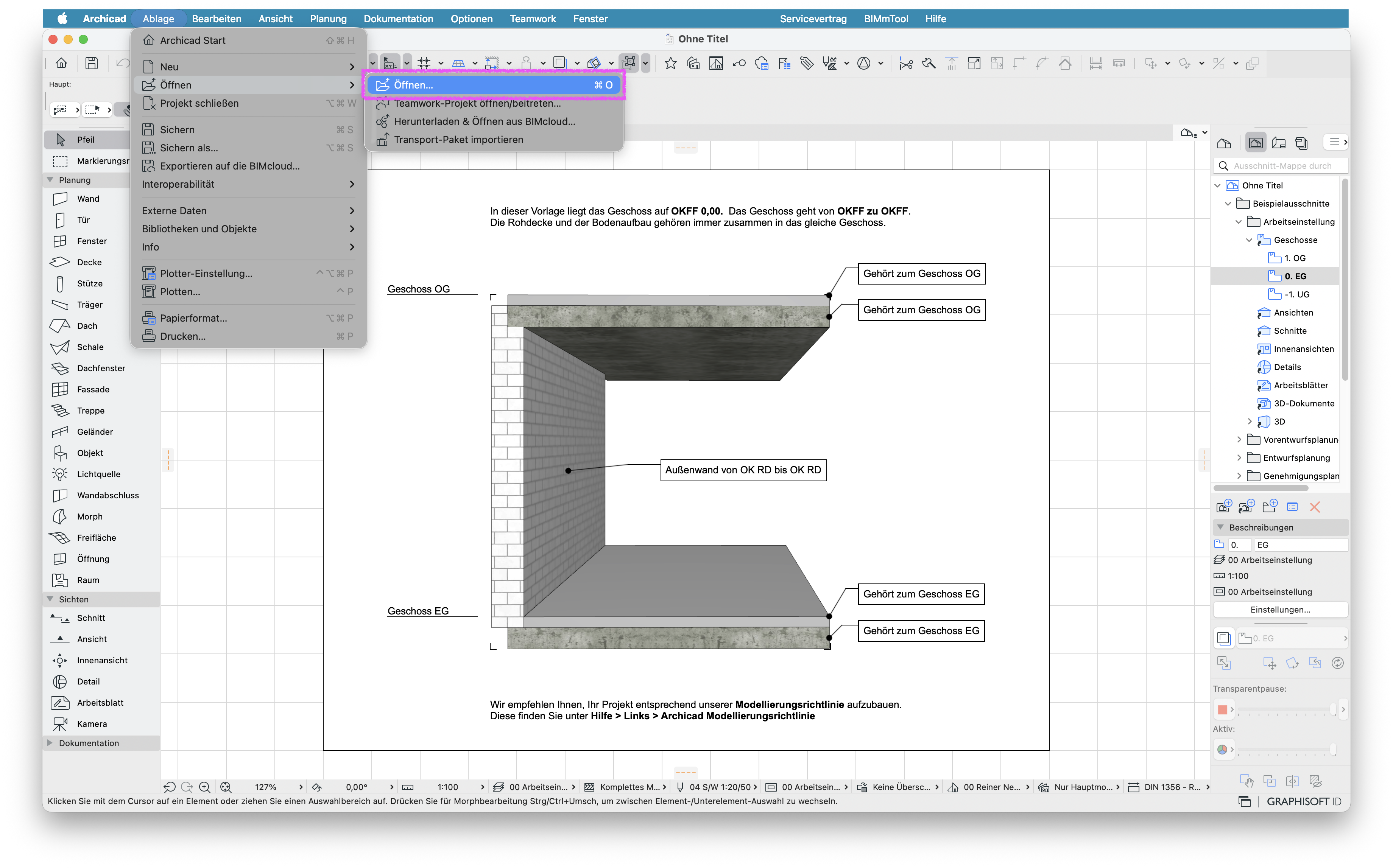 Offene Archicad Datei mit dem Pfad Ablage > Öffnen > Öffnen... hervorgehoben.