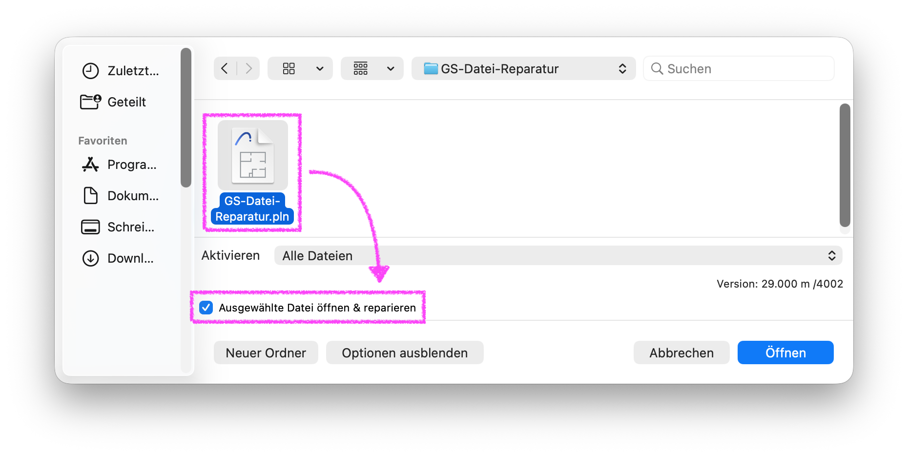 macOS Finder mit ausgewählter Archicad Datei und aktiver 'Ausgewählte Datei öffnen & reparieren' Option.