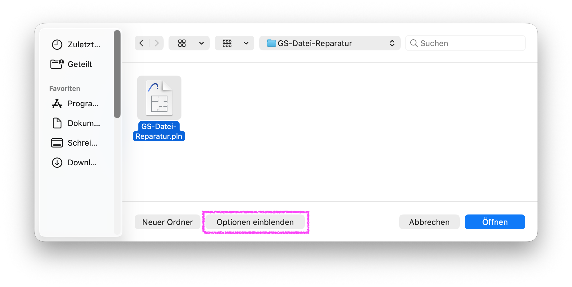 macOS Finder mit hervorgehobener 'Optionen einblenden' Option.