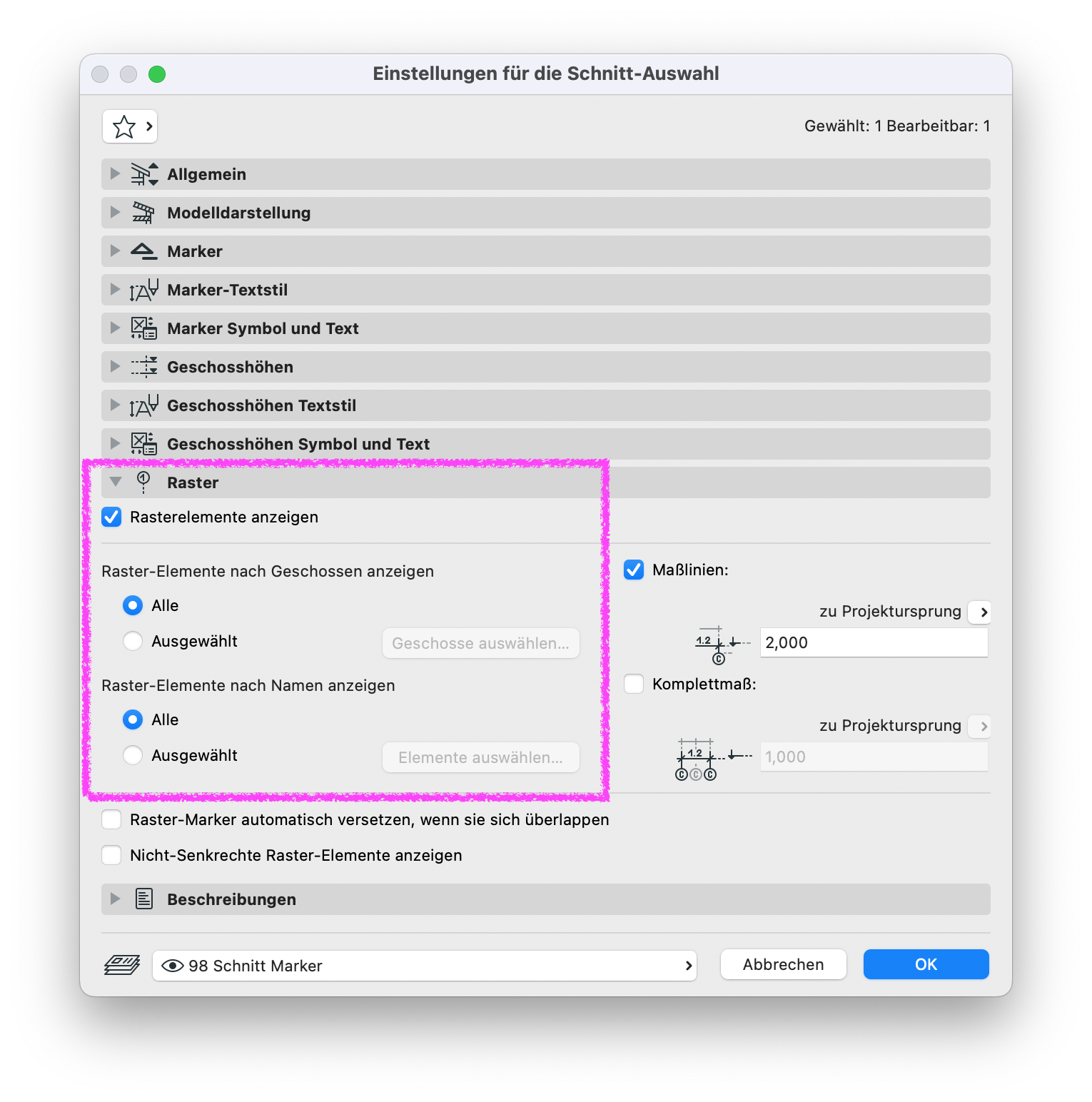 Archicad Einstellungen für die Schnitt-Auswahl, Bereich Raster, mit aktivierter Option Rasterelemente anzeigen sowie Einstellungen zur Anzeige von Raster-Elementen nach Geschossen und Namen.
