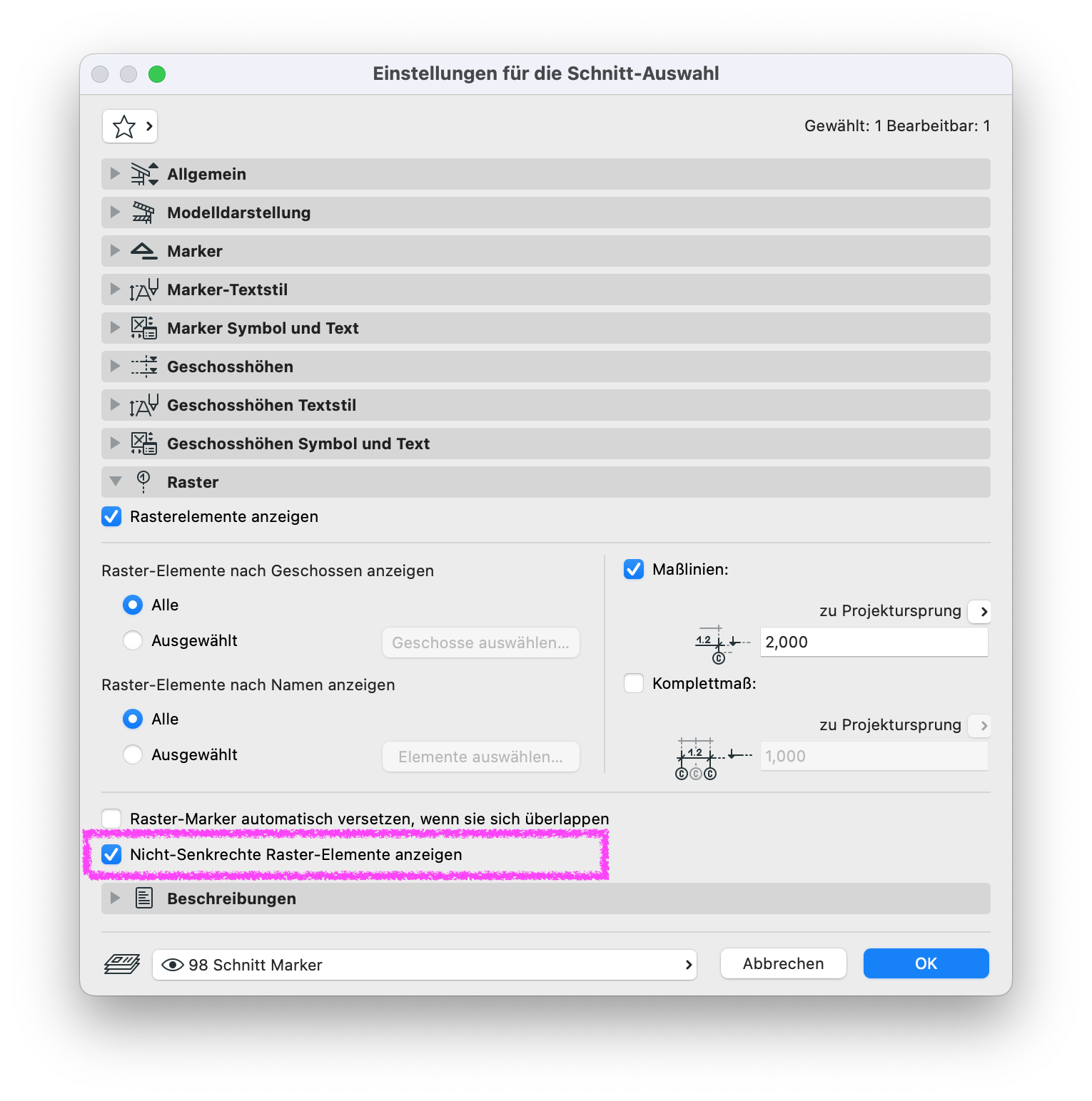 Archicad Einstellungen für die Schnitt-Auswahl, Bereich Raster, mit aktivierter Option Nicht-Senkrechte Raster-Elemente anzeigen zur Anzeige schräger Rasterlinien im Schnitt.