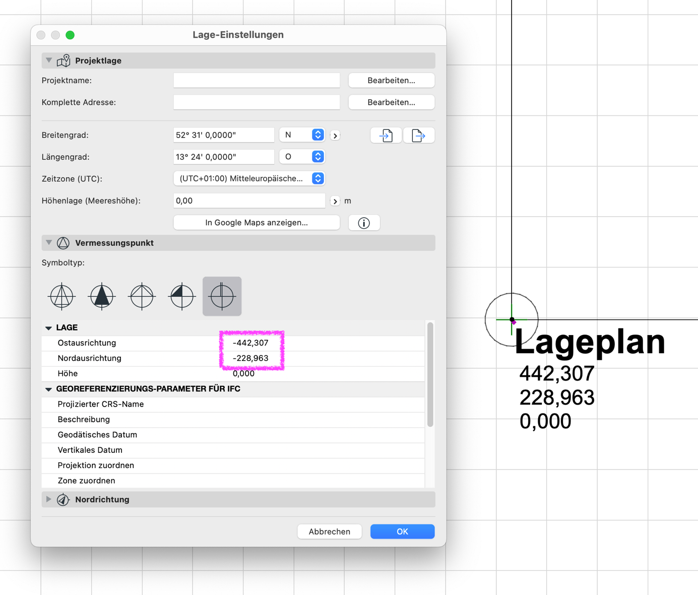 Archicad Lage-Einstellungen, Bereich Vermessungspunkt, mit angezeigten Lagekoordinaten für Ost- und Nordausrichtung sowie der Höhe des Projekt-Referenzpunkts.