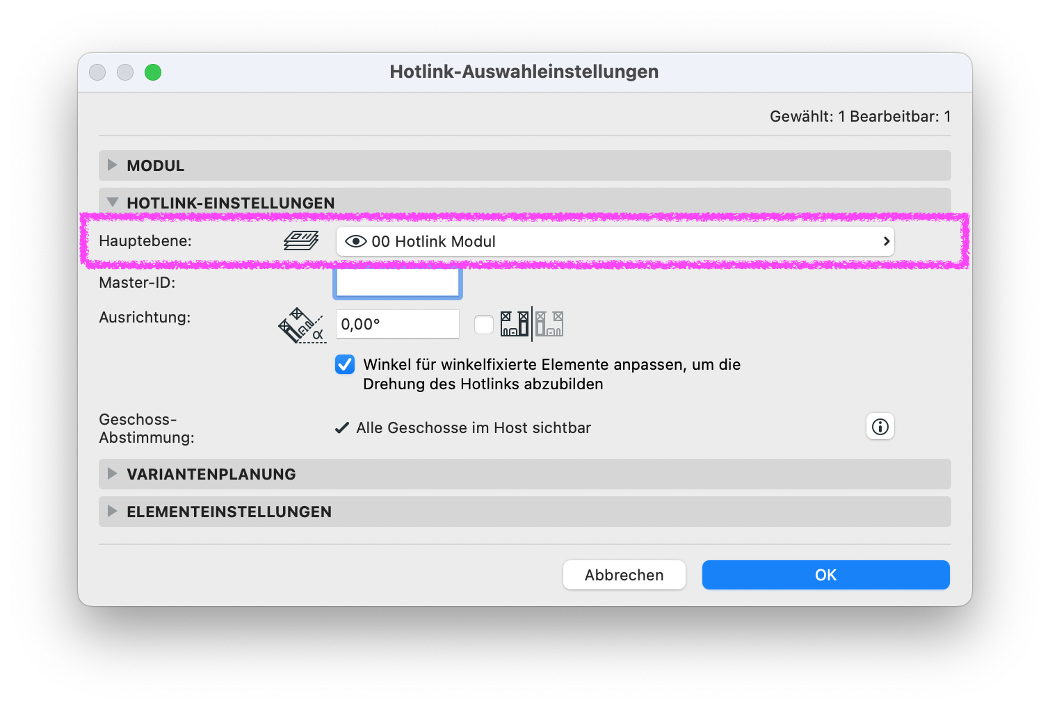 Archicad Hotlink-Auswahleinstellungen, Bereich Hotlink-Einstellungen, mit Einstellung Hauptebene: 00 Hotlink Modul zur Steuerung der Ebenenzuordnung des Hotlink-Moduls.