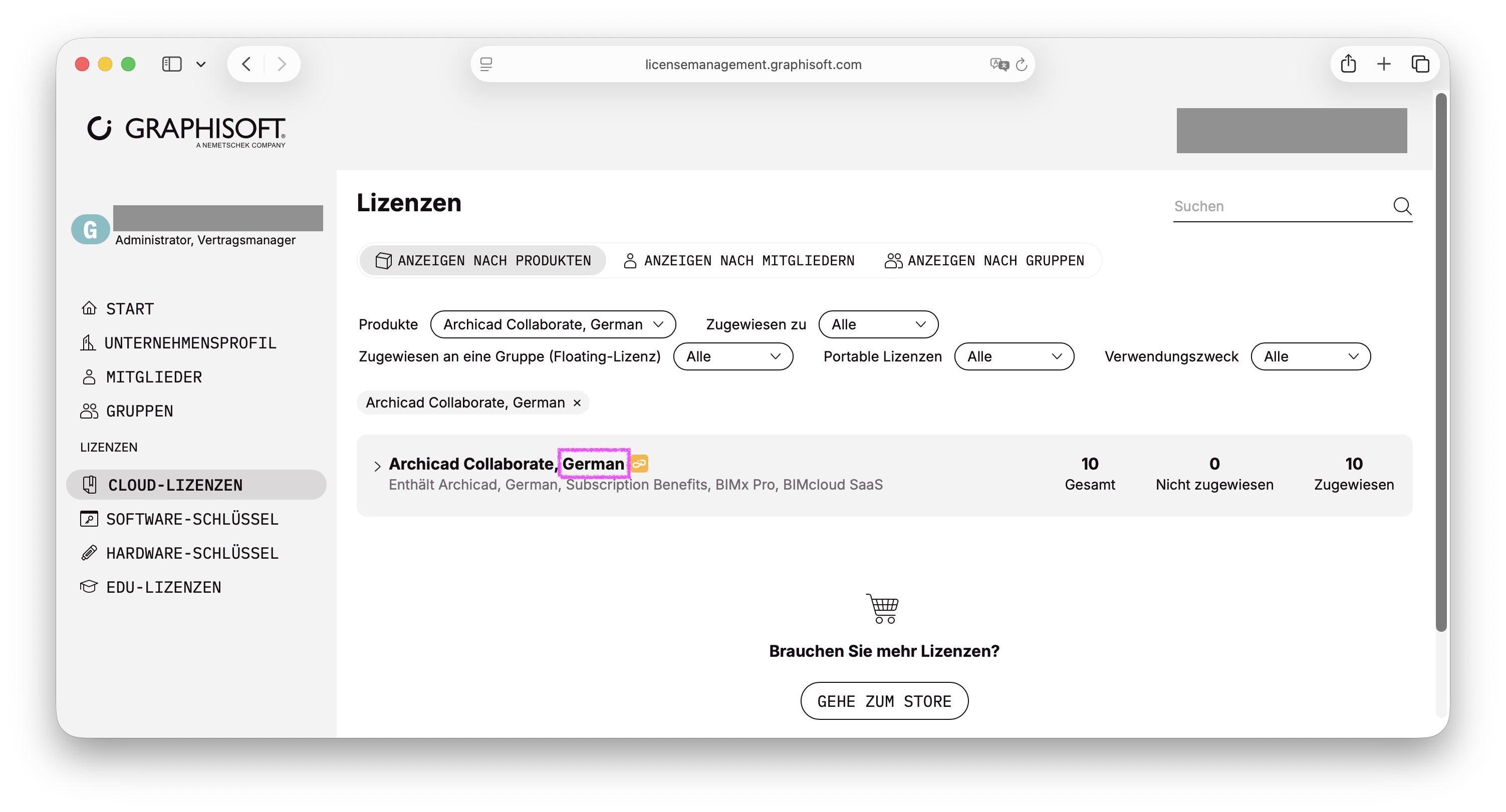 Lizenzverwaltungsportal in dem deutsche Archicad Collaborate Lizenzen angezeigt werden.