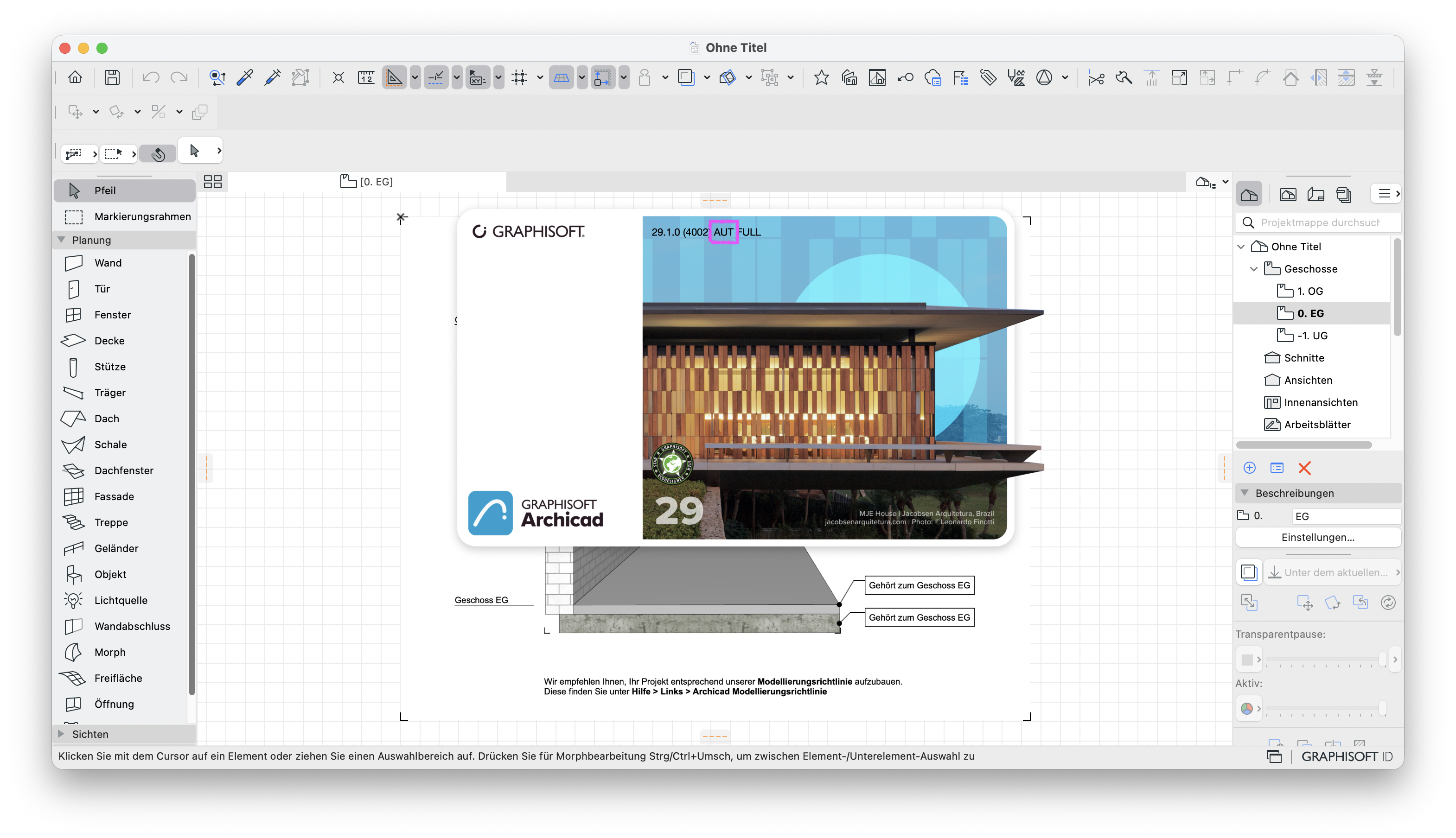 Archicad Programmfenster mit angezeigten Informationen zur installierten Archicad Version Archicad 29 AUT.