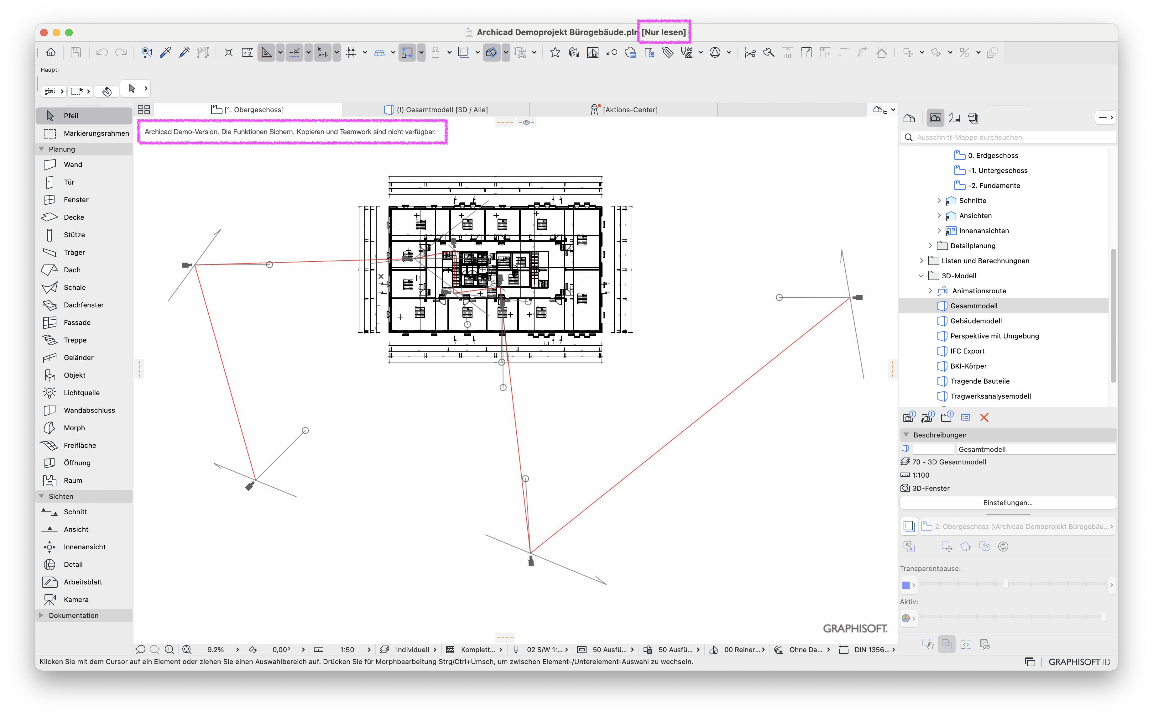 Offenes Projekt in der Archicad Demo-Version im Modus 'Nur lesen'.