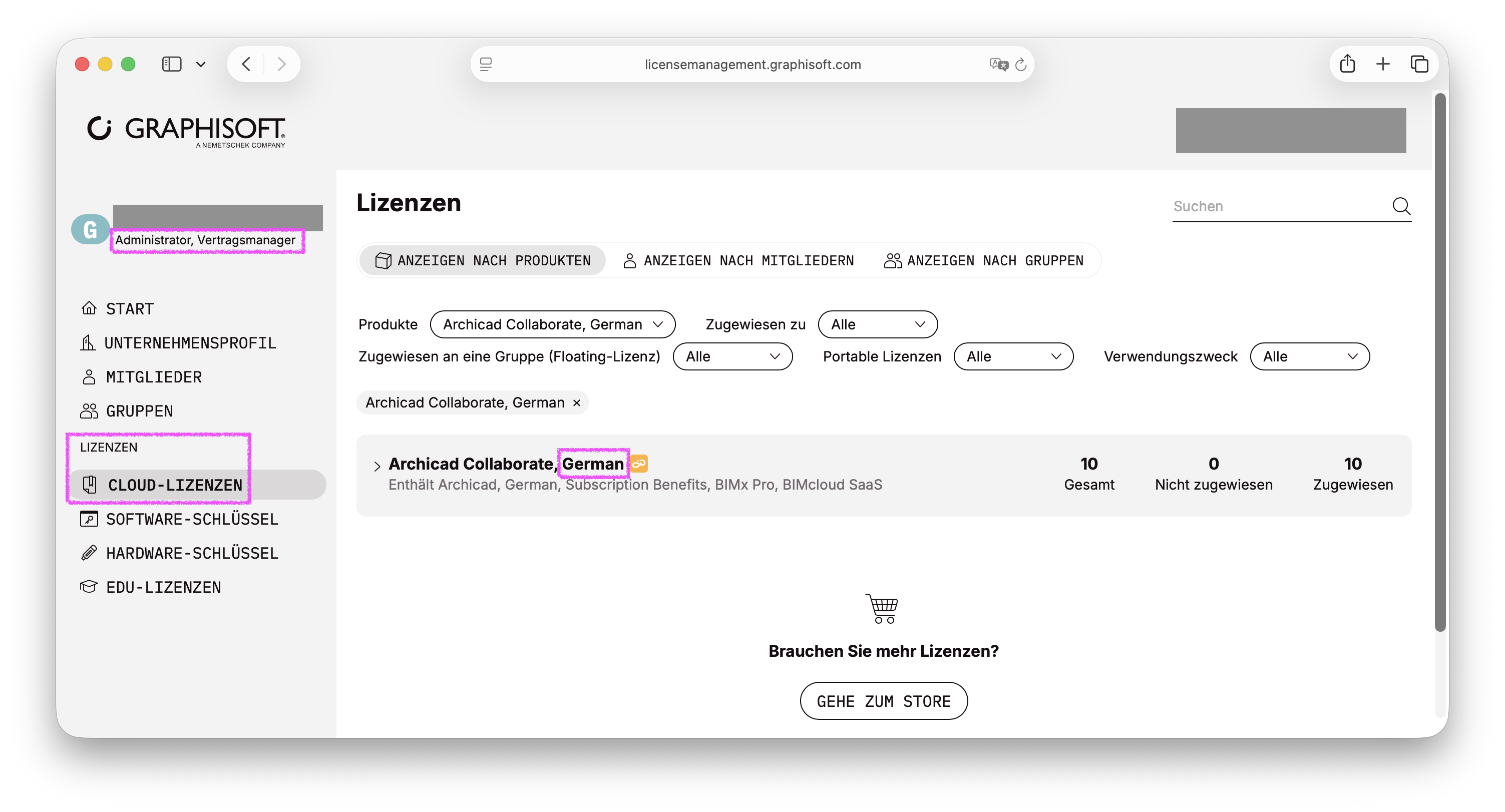 Lizenzverwaltungsportal mit verfügbaren Archicad Collaborate, German Cloud-Lizenzen.