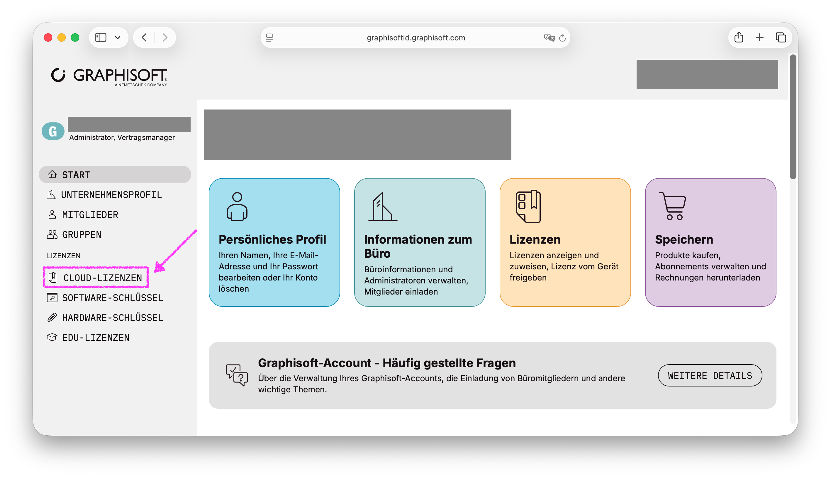Lizenzverwaltungsportal mit hervorgehobenen Tab 'Cloud-Lizenzen' unter Lizenzen.