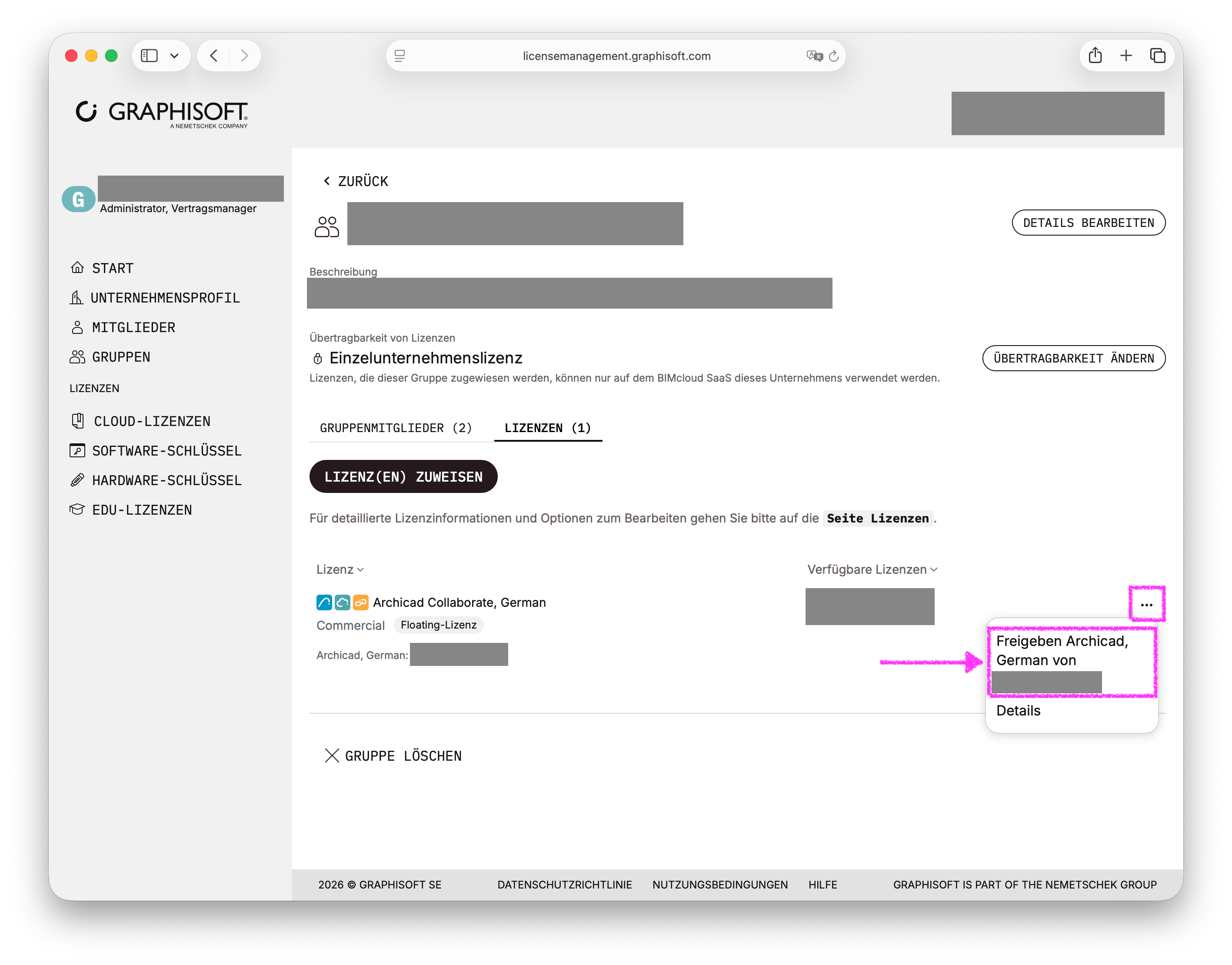 Cloud-Lizenz im Lizenzverwaltungsportal über die Schaltfläche ... und Auswahl von 'Freigeben Archicad, German von ...' freigeben.