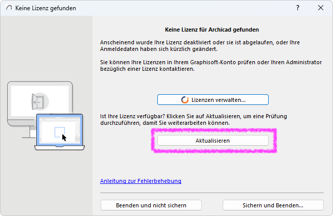 Keine Lizenz für Archicad gefunden Meldung mit hervorgehobener 'Aktualisieren' Schaltfläche.