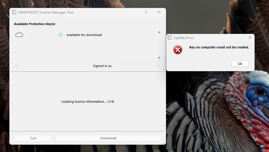 Capture d’écran de GRAPHISOFT License Manager Tool sous Windows, affichant une clé de protection « Available for download » et, au premier plan, une boîte de dialogue d’erreur « Update Error – Key on computer could not be created » avec un bouton OK.