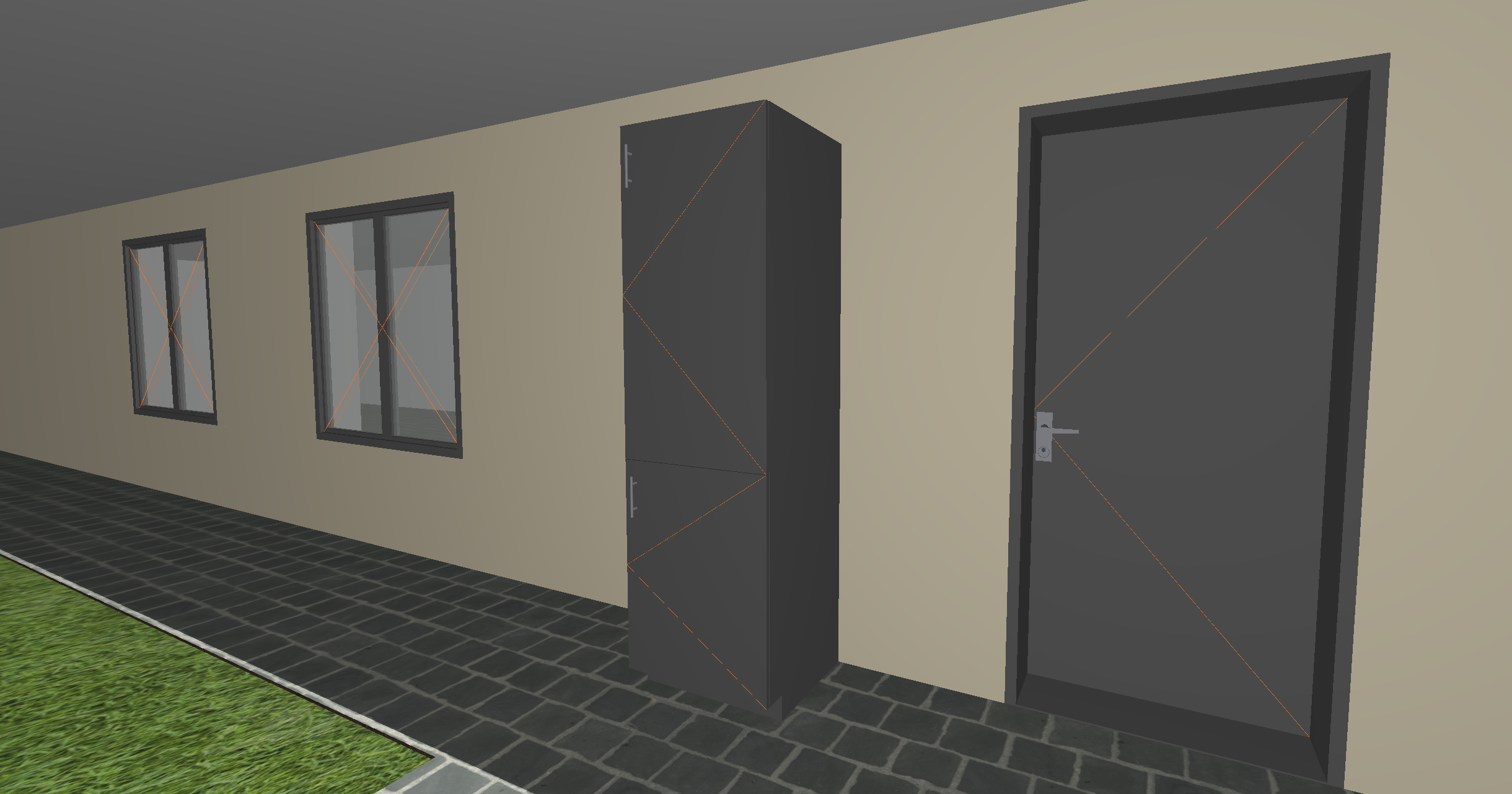 Vue 3D d’une façade beige avec deux fenêtres à gauche, une armoire murale sombre au centre et une porte grise à droite, montrant clairement les lignes d’ouverture en 3D sur chaque élément.