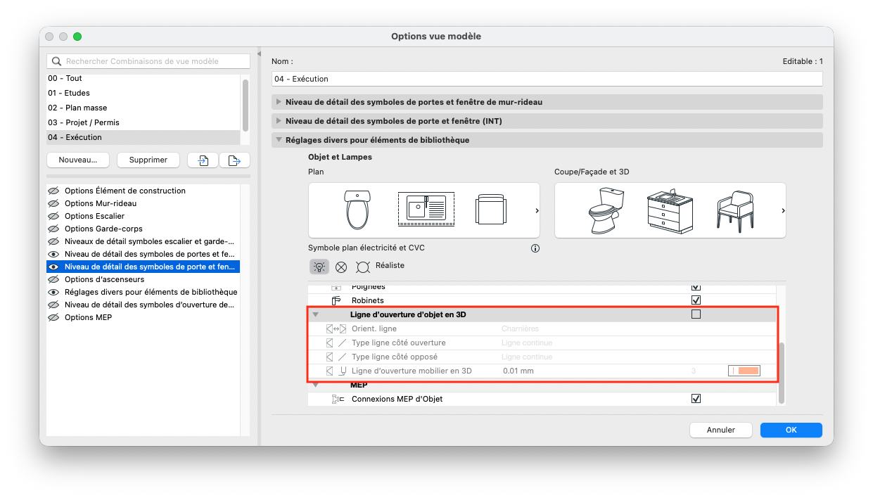 Fenêtre « Options vue modèle » d’Archicad affichant les réglages divers pour éléments de bibliothèque, avec la section « Ligne d’ouverture d’objet en 3D » encadrée en rouge, montrant les options d’orientation et de type de ligne d’ouverture du mobilier.