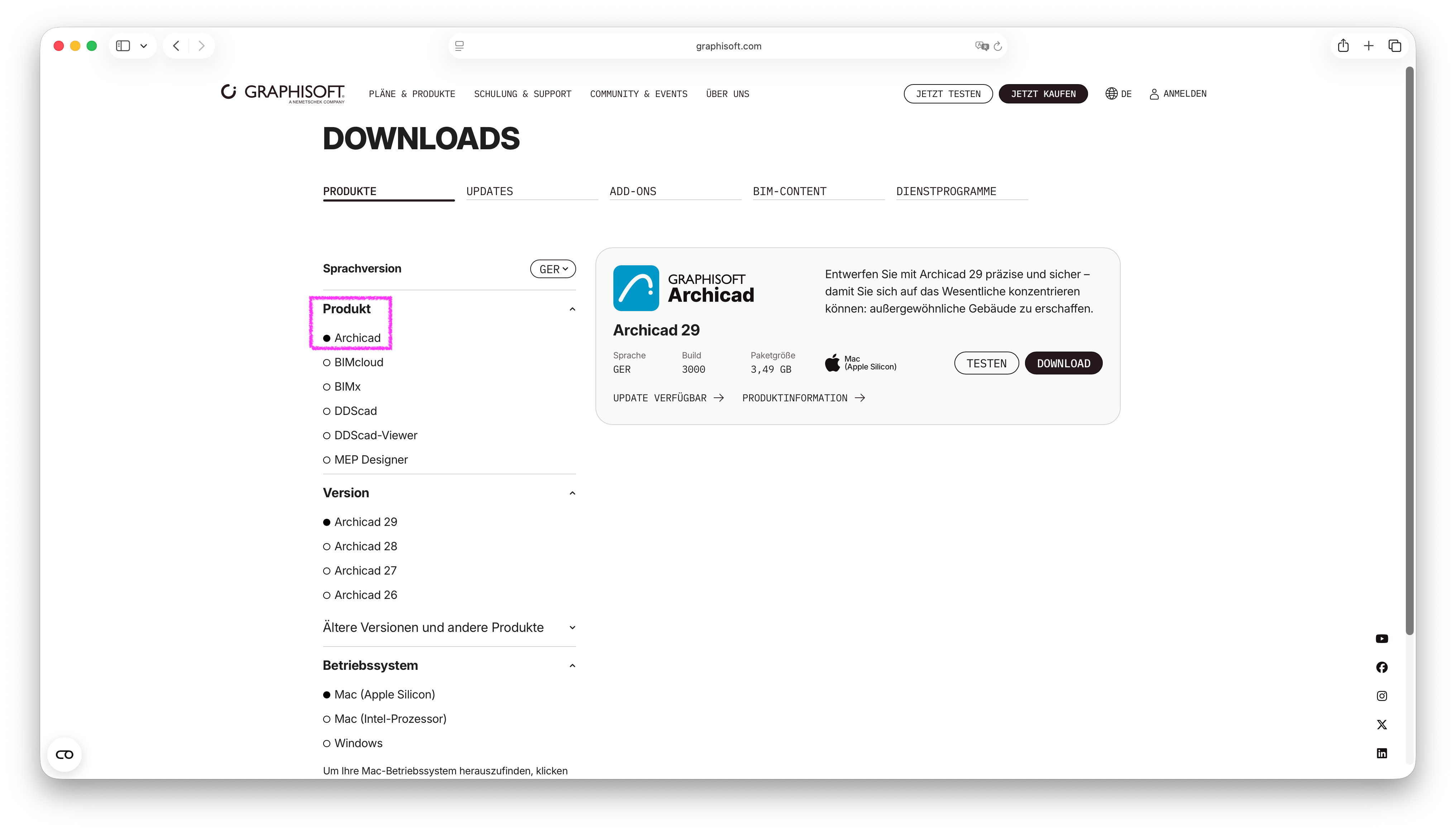 Graphisoft Download Webseite für das Produkt Archicad.