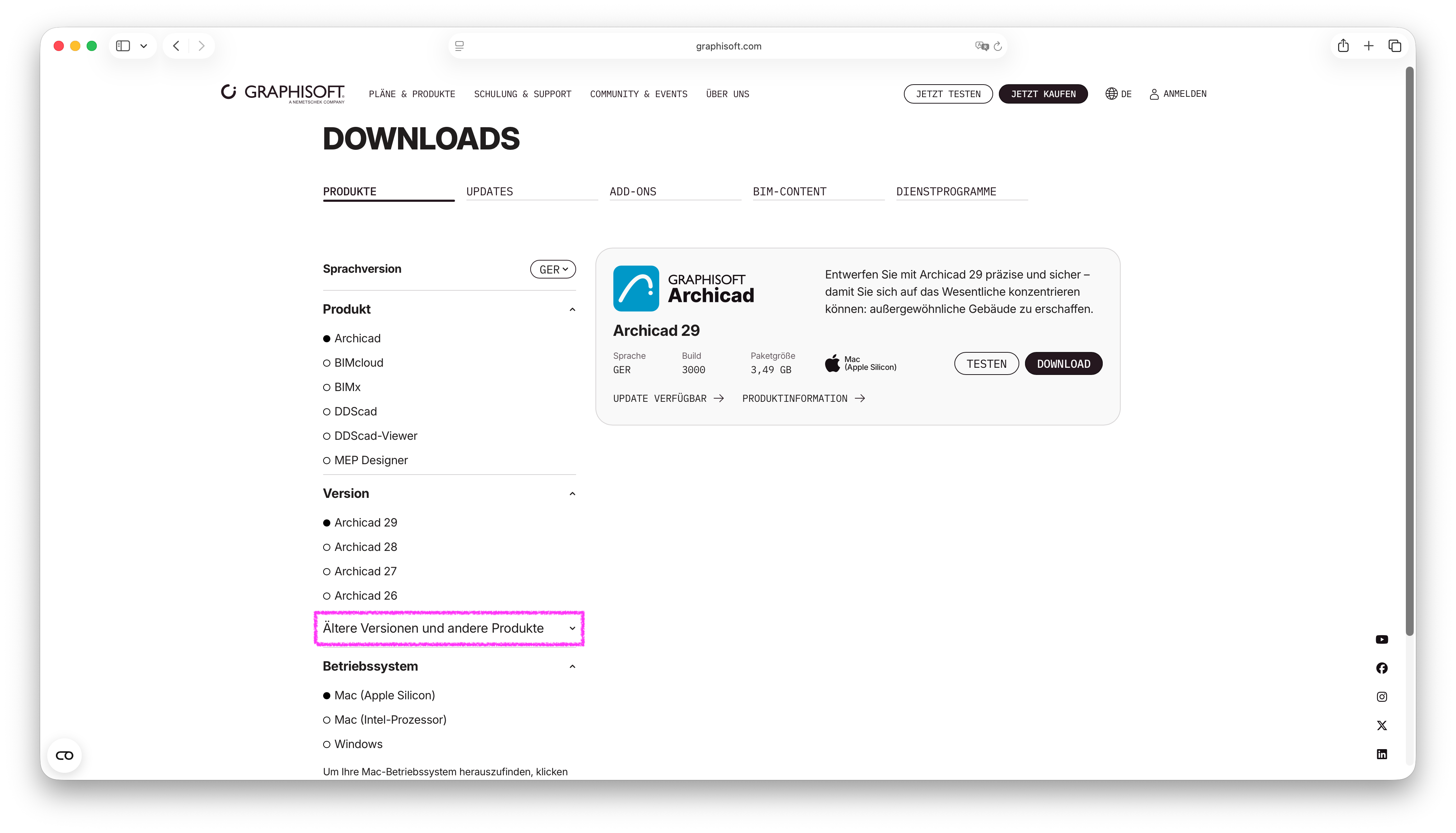 Graphisoft Download Webseite für das Produkt Archicad hervorgehobener Schaltfläche 'Ältere Versionen und andere Produkte'.