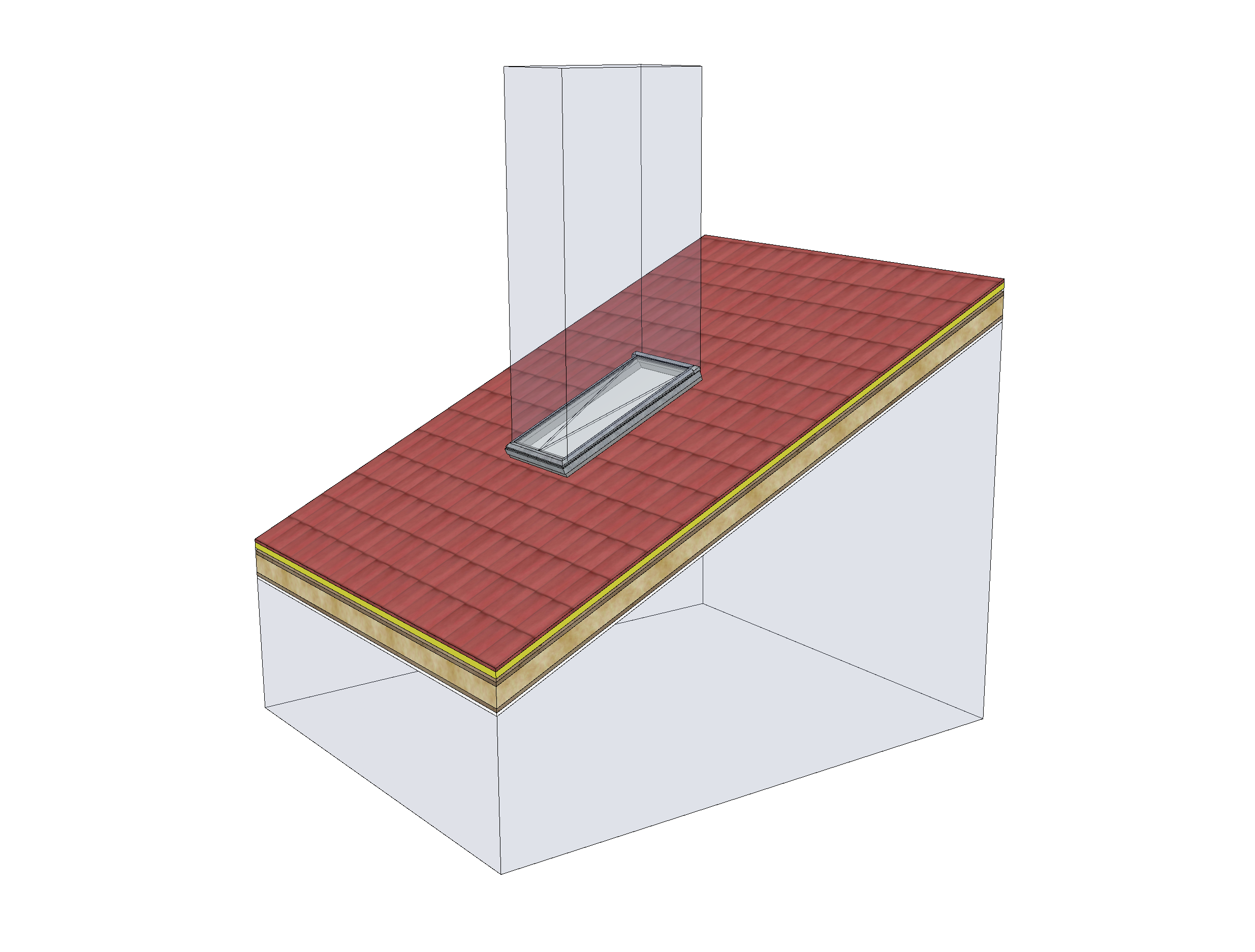 3D-Modell eines geneigten Daches mit Dachziegeldeckung und Dachfenster, dargestellt mit mehrschichtigem Dachaufbau und transparent hervorgehobener Durchdringung über dem Dachfenster.