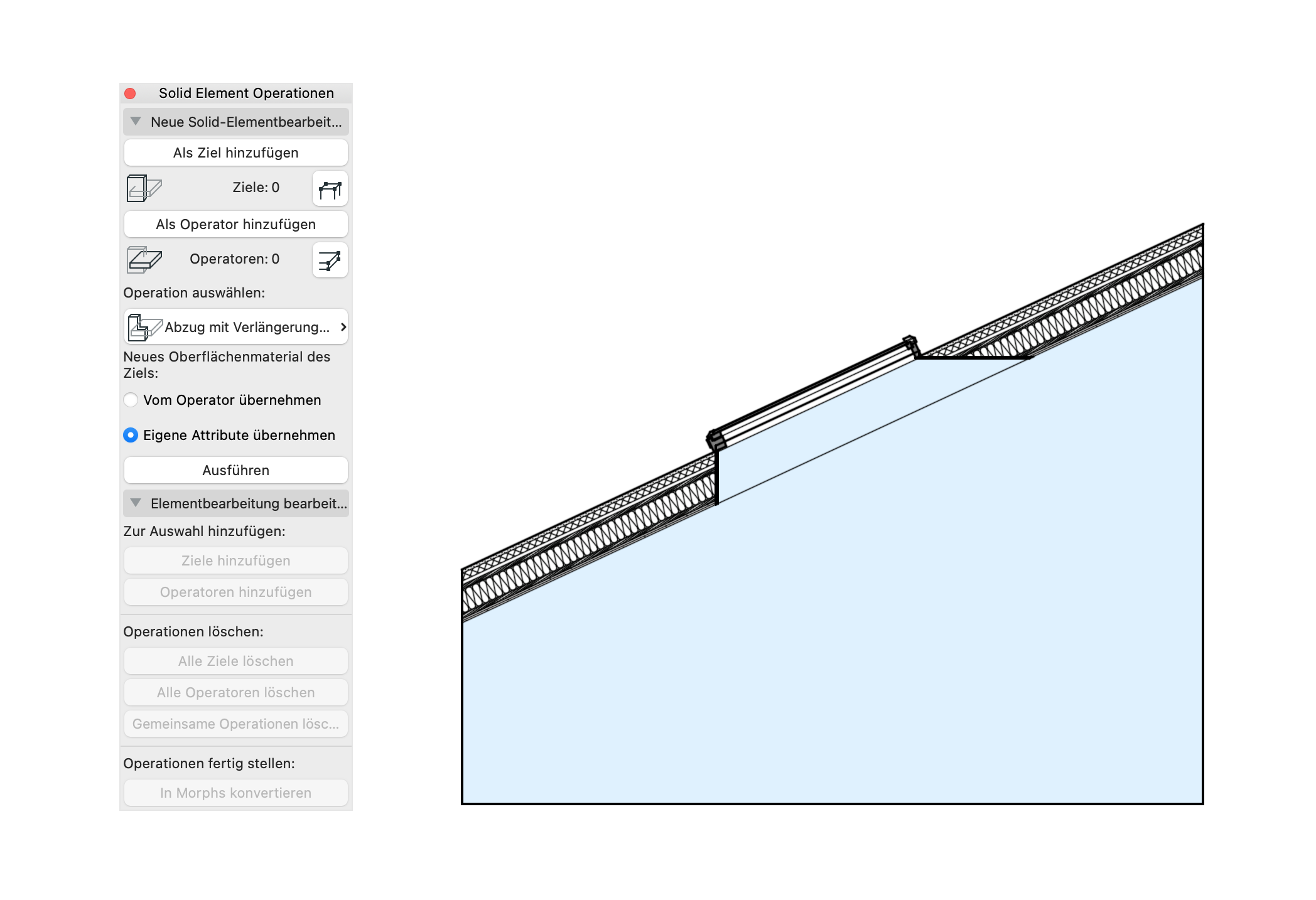 Archicad Schnittdarstellung eines geneigten Daches mit Dachfenster und geöffnetem Dialog Solid Element Operationen, der zur Bearbeitung von Verschneidungen zwischen Dach und Bauteilen verwendet wird.