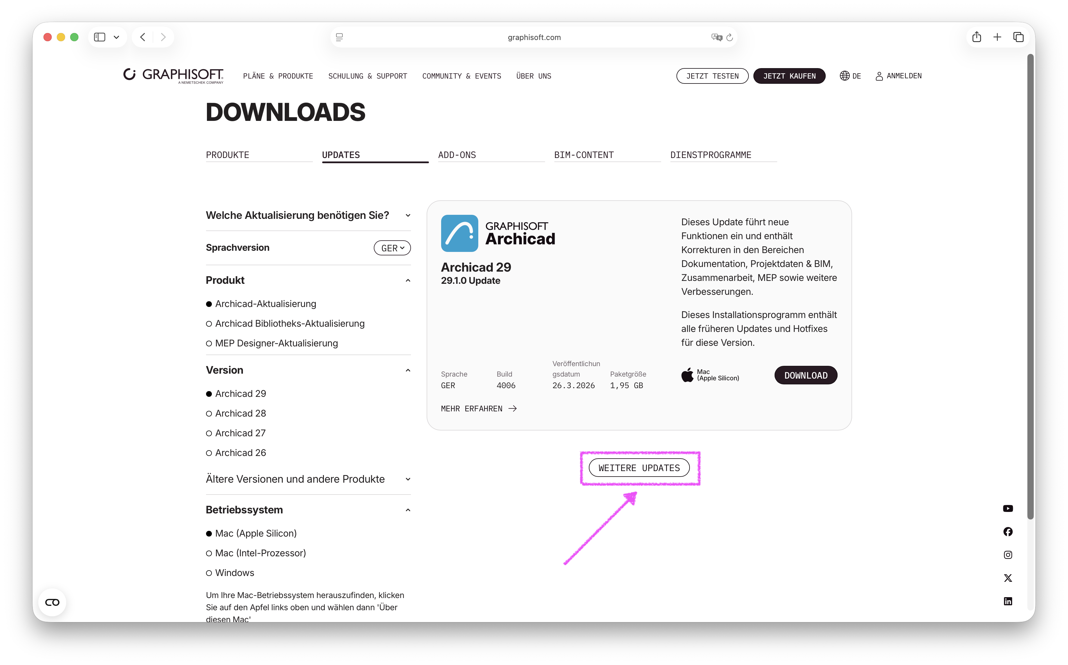 Graphisoft Download Webseite für Updates mit hervorgehobener 'Weitere Updates' Schaltfläche.